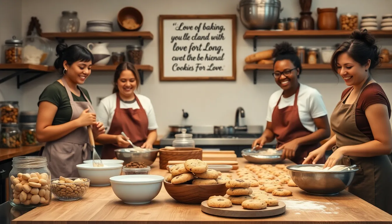 diverse bakers in a cozy kitchen making cookies.