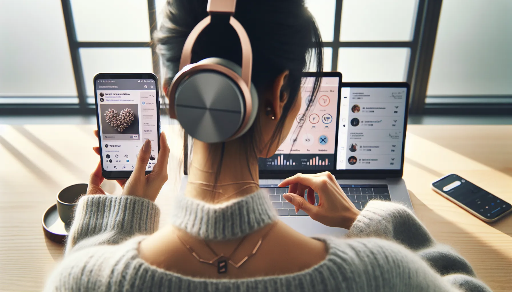 Norwegian marketer reviews tiktok and instagram search signals on phone and laptop.