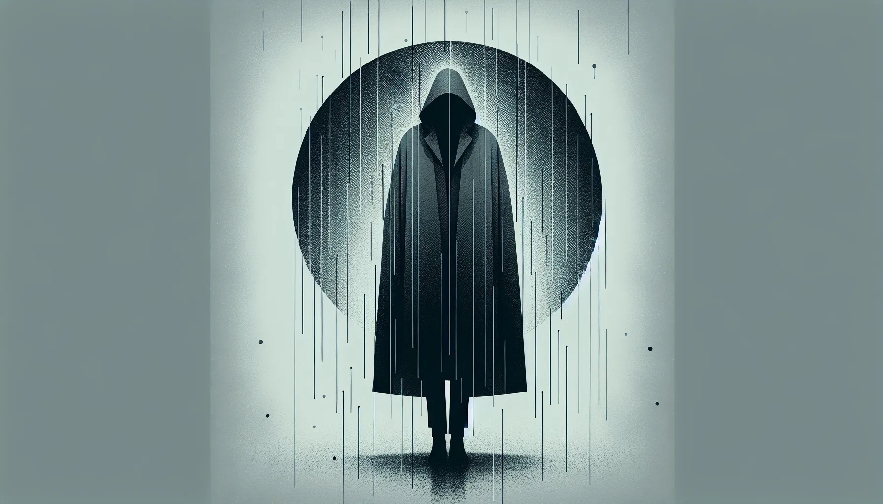A solitary figure in a raincoat standing alone in minimal rain