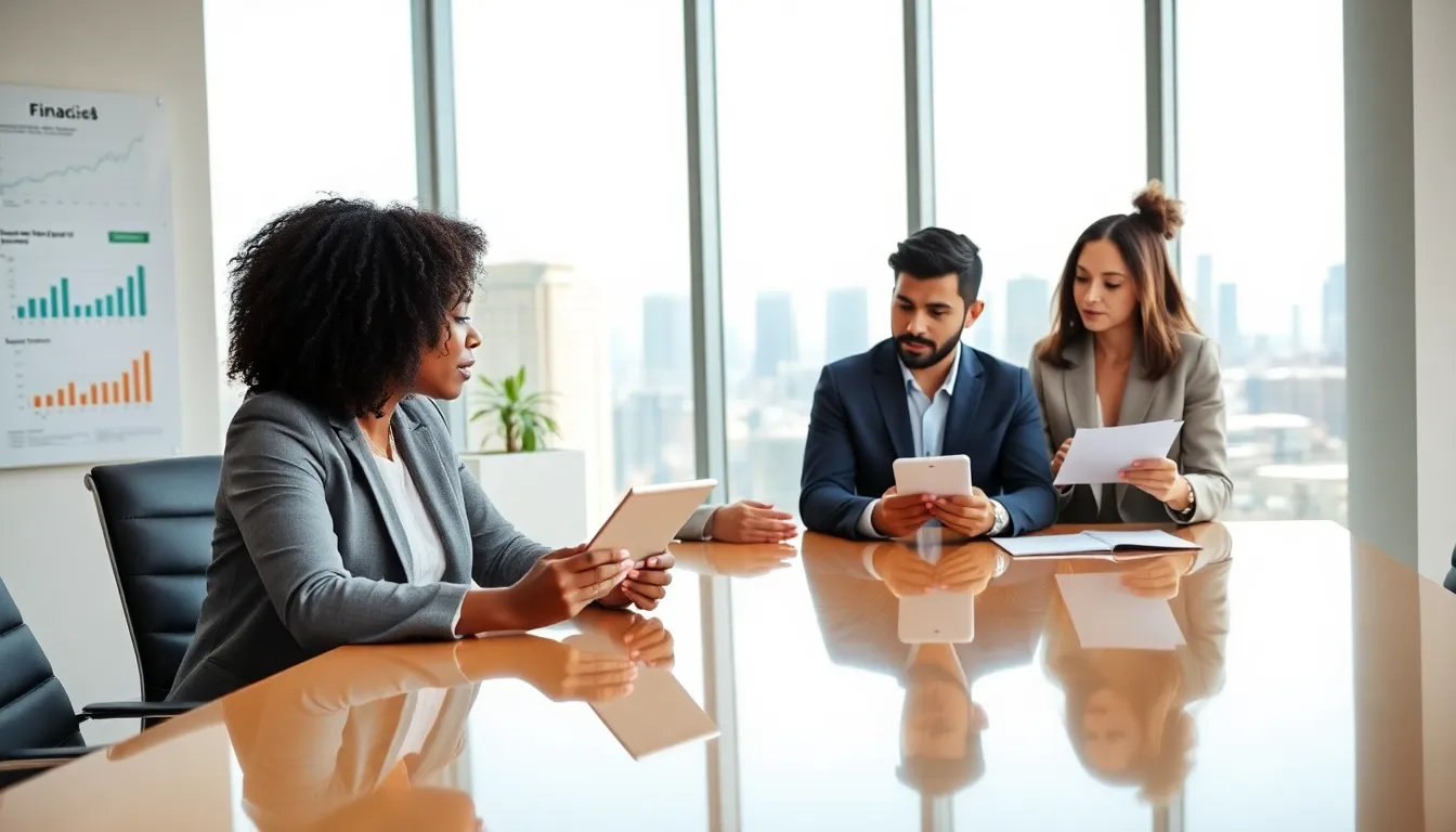 diverse team discussing financial strategies in a modern office.