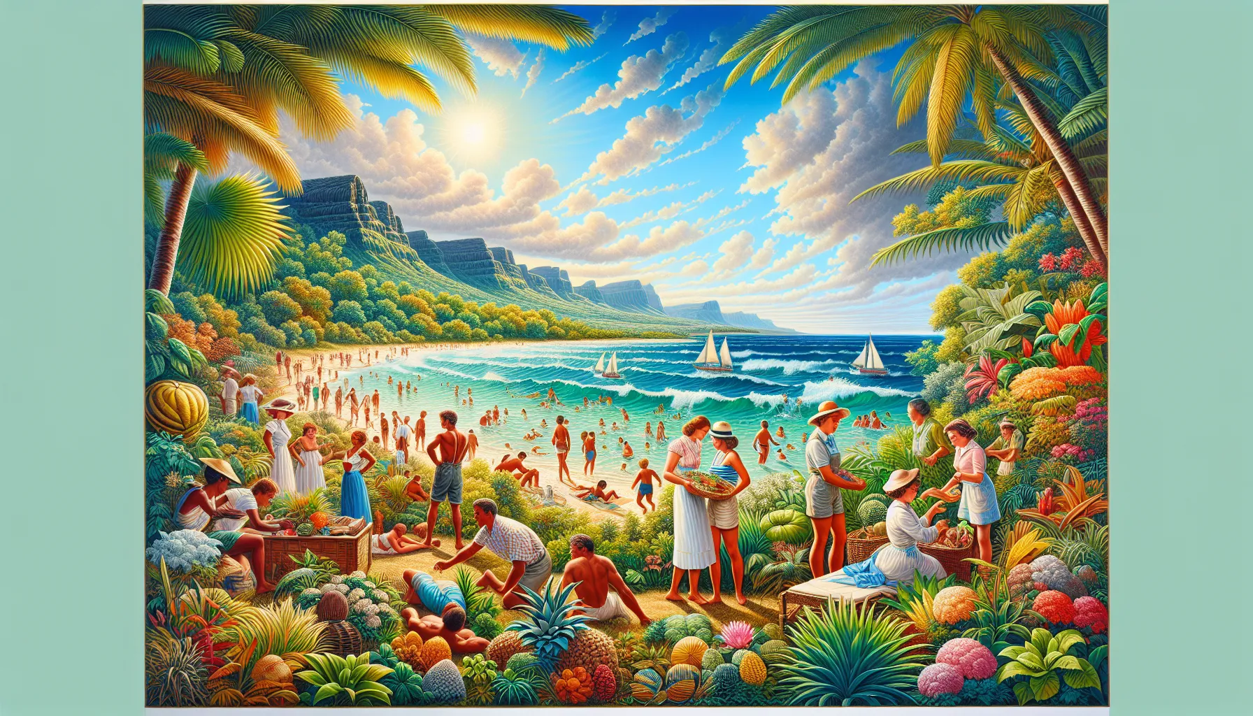 diverse tourists enjoying the tropical climate in Mauritius.