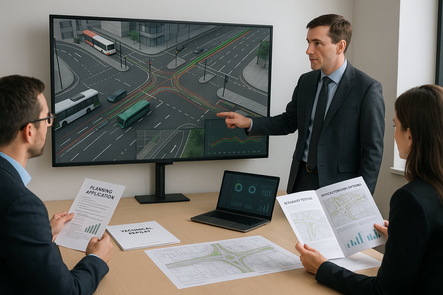 Transport consultant presenting traffic simulation and planning results in a modern office.