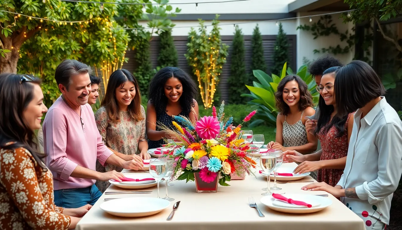 Group celebrating at a creatively decorated outdoor table.