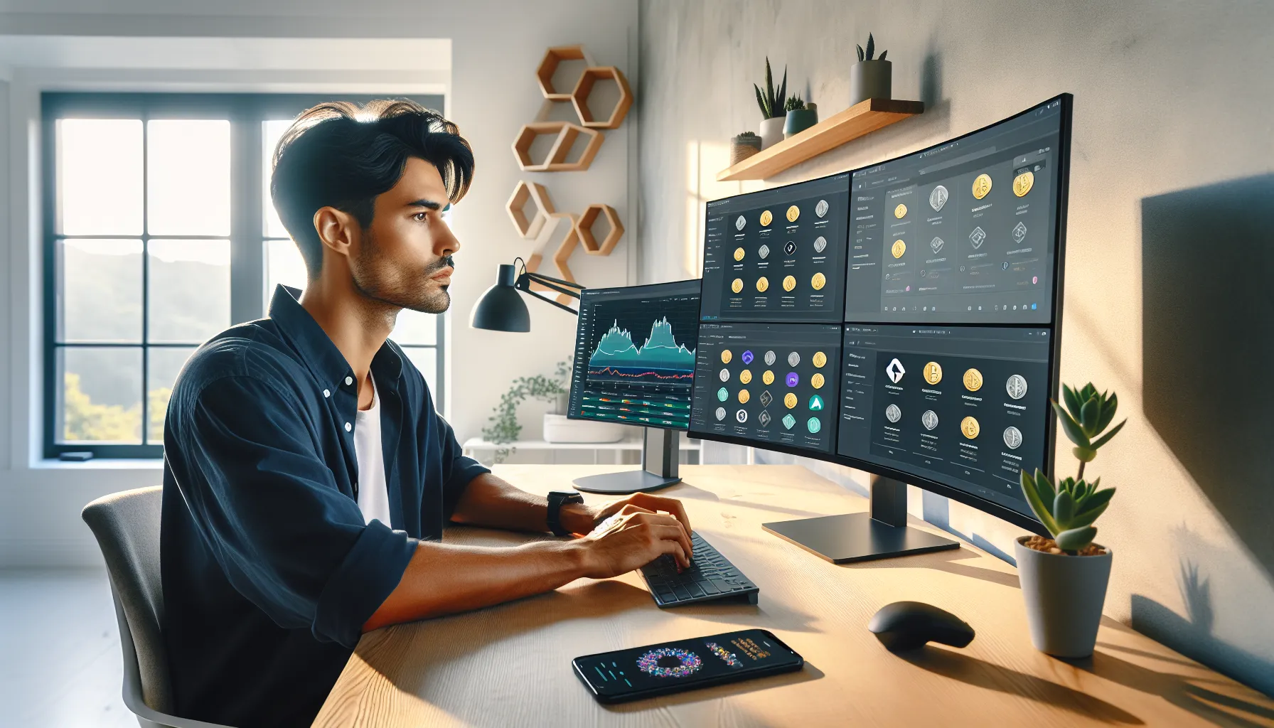 Professional managing multiple cryptocurrency wallets and blockchain dashboards on computer screens at home office.