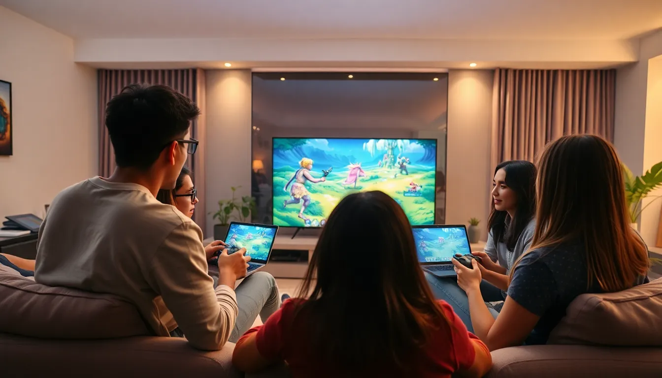friends playing an online adventure game in a cozy living room.