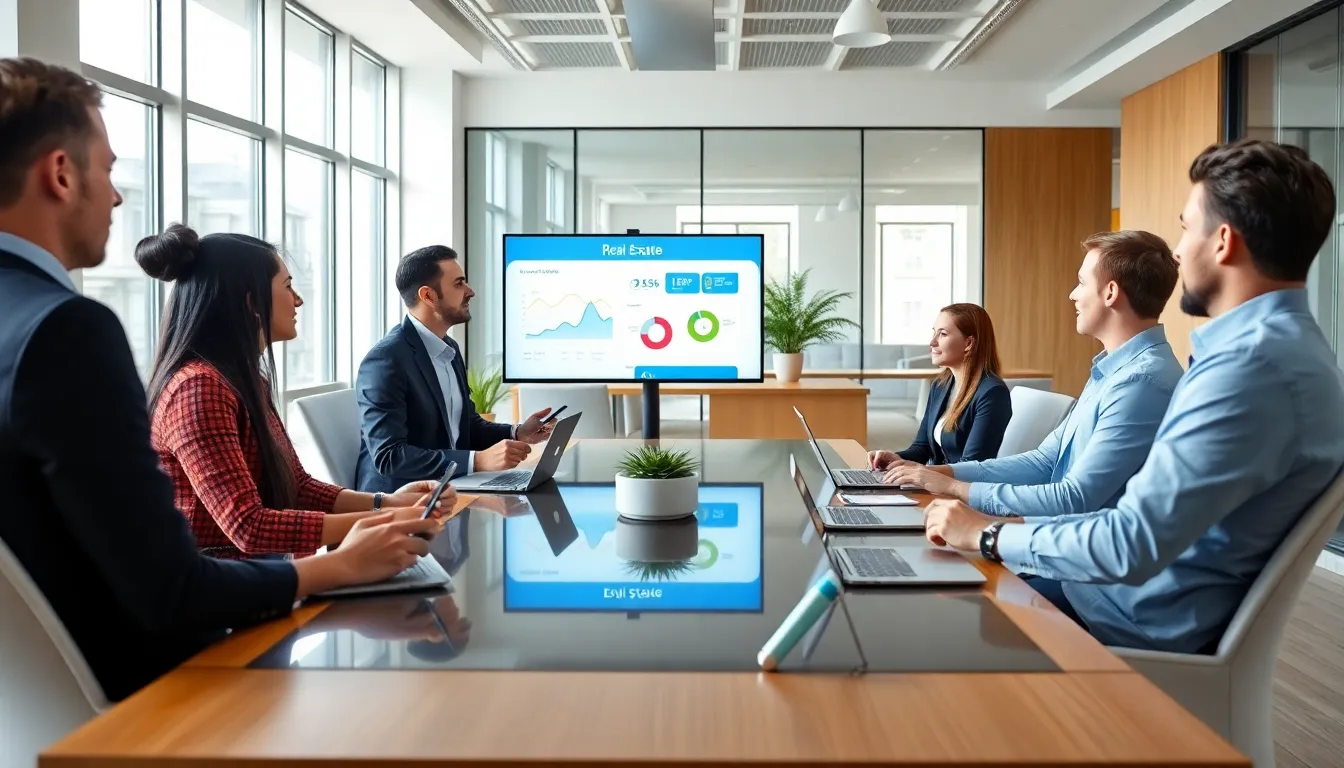 diverse real estate team in a modern office setting discussing strategies.