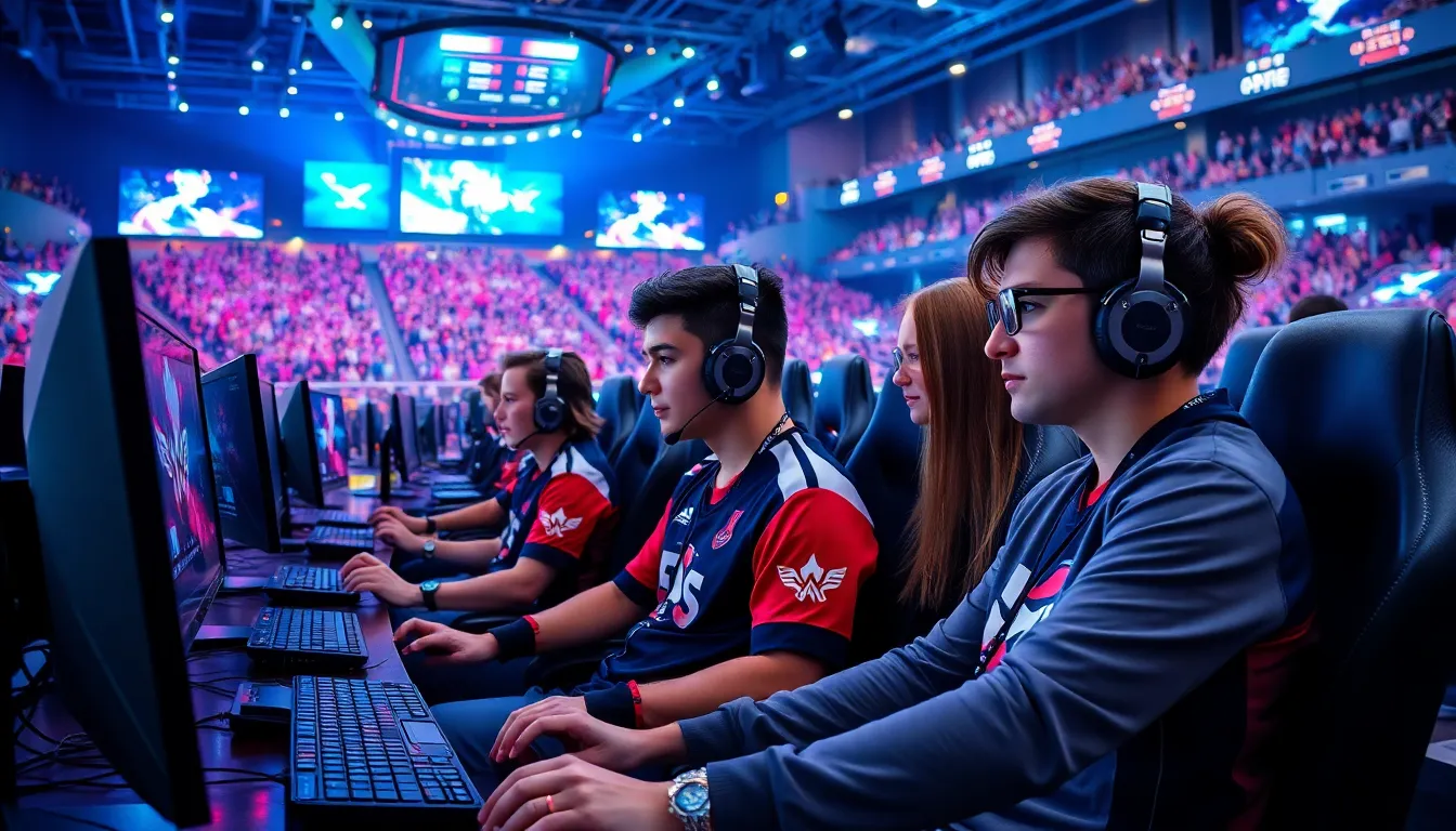 diverse gamers competing in a vibrant esports arena.