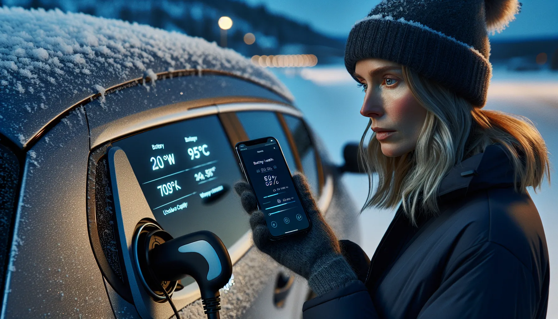 Buyer checks ev battery health on phone at norwegian fast charger in winter.