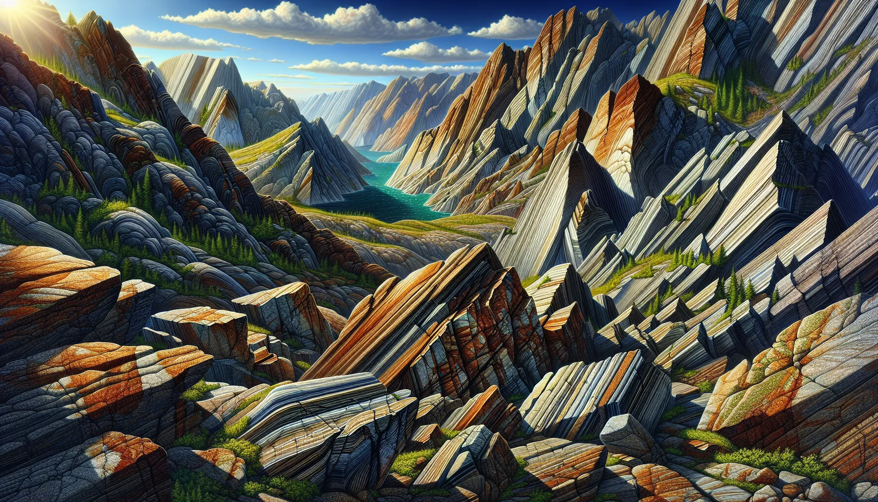 a mountainous landscape showcasing ancient gneiss and a younger dike.