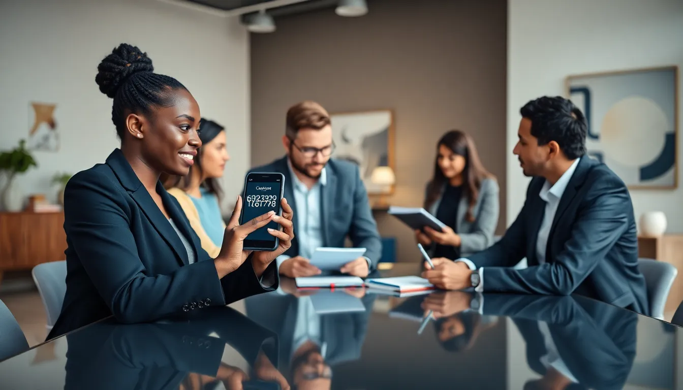 diverse professionals discussing a significant phone number in an office.