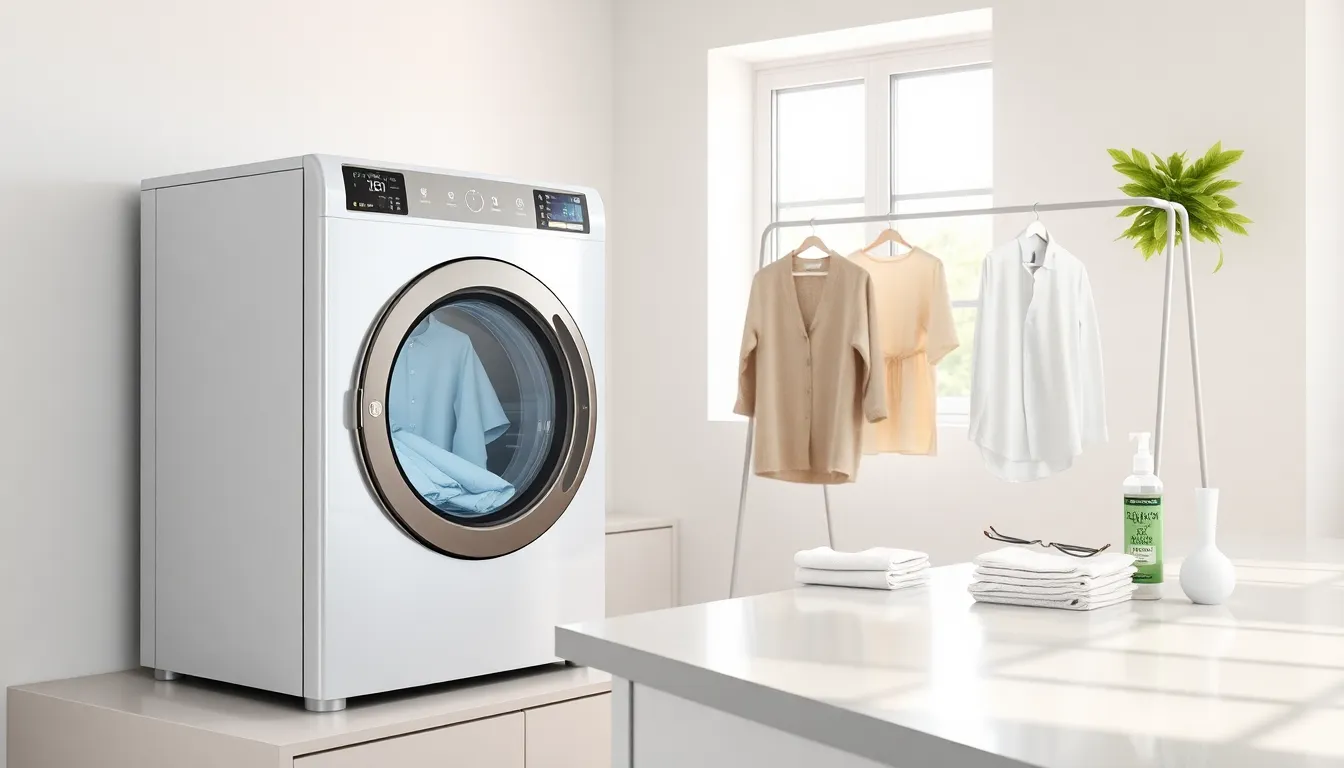 modern home dry cleaning machine in a bright laundry room.