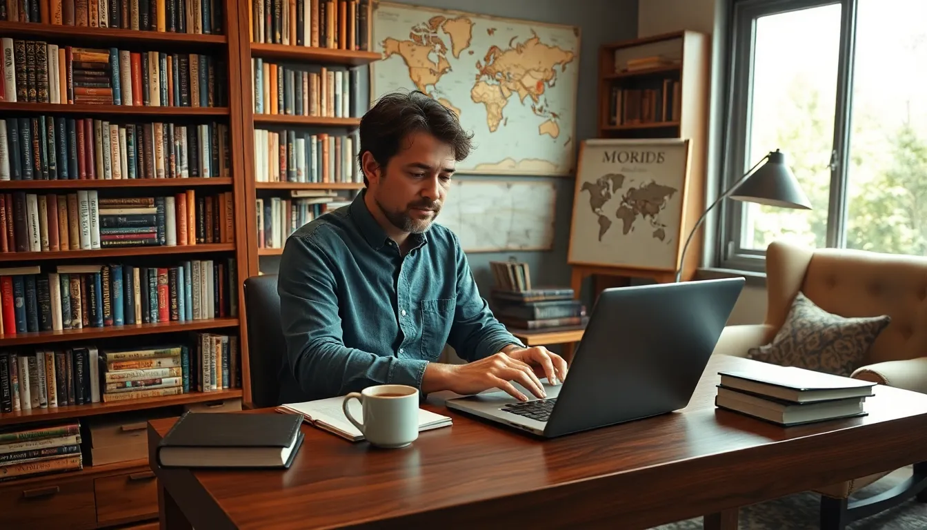 Author Gregory Legere writing in a modern, book-filled studio.