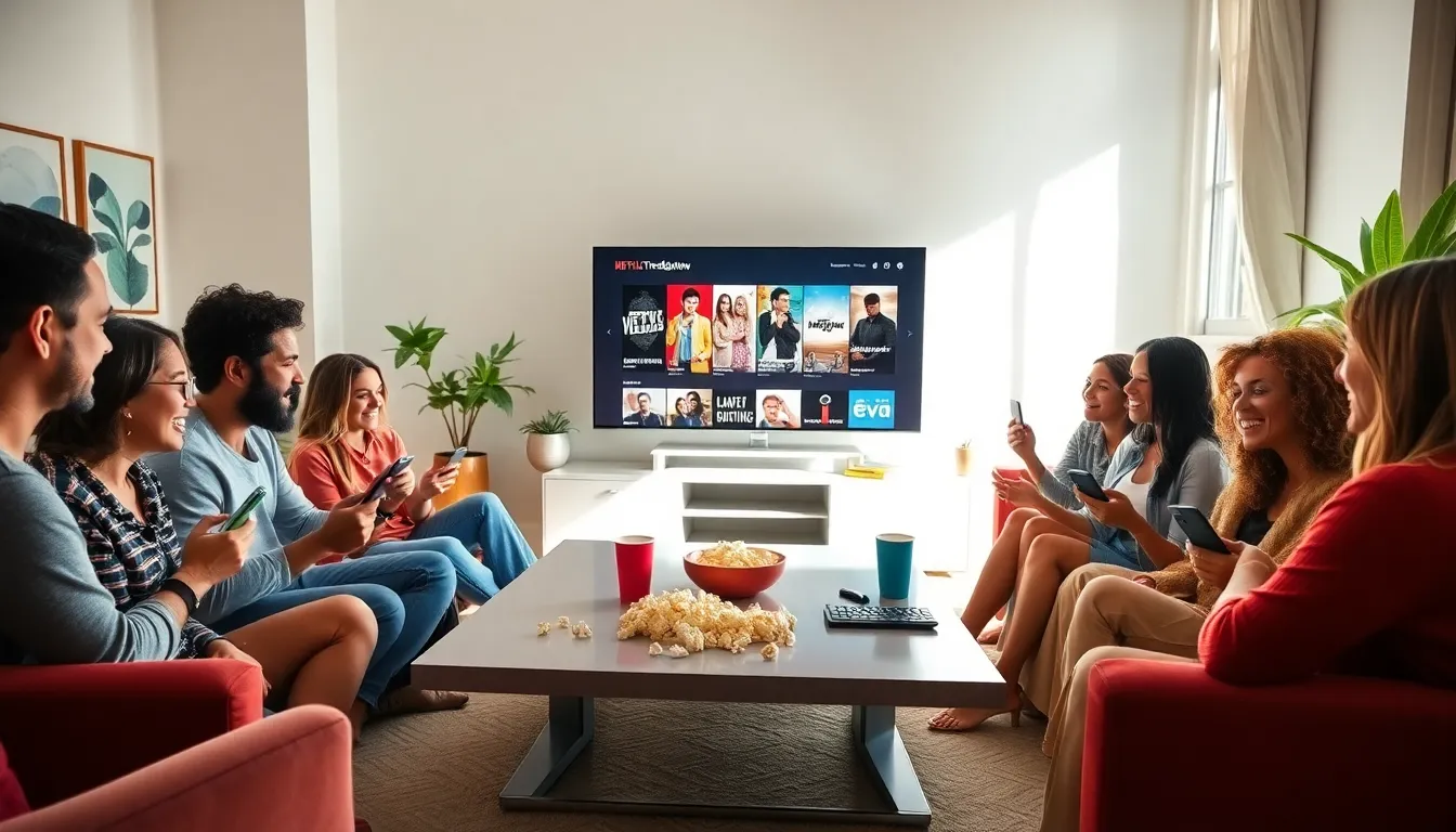 friends enjoying Netflix Trending Now Game in a modern living room.