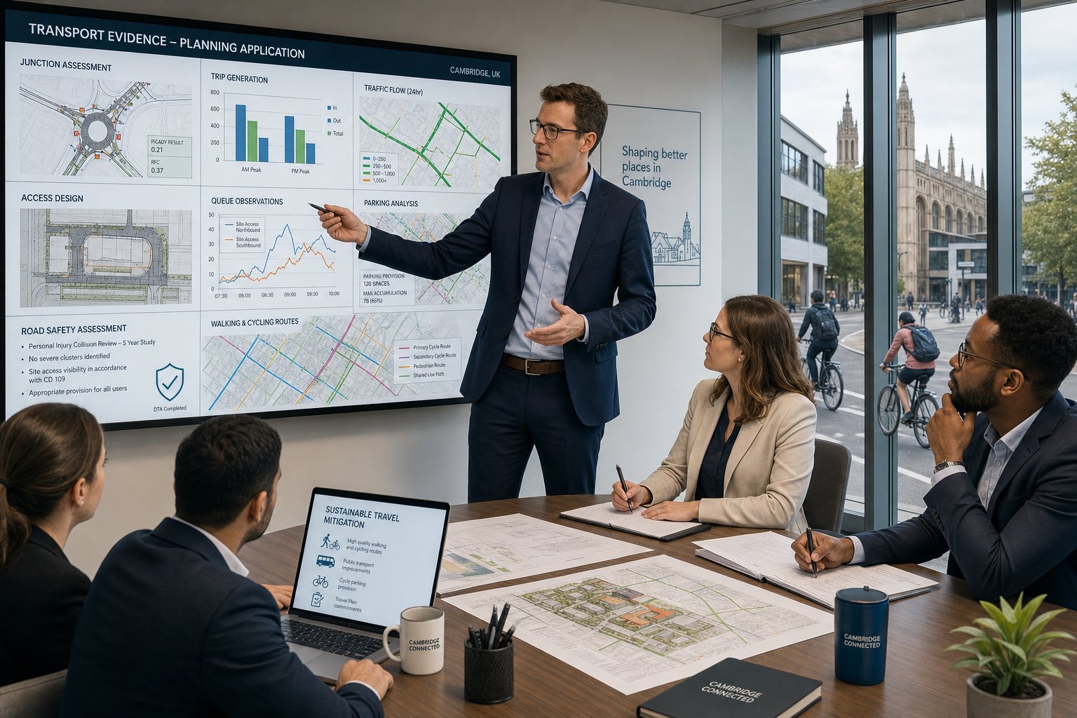 Traffic engineer presenting Cambridge planning transport analysis in a modern office.