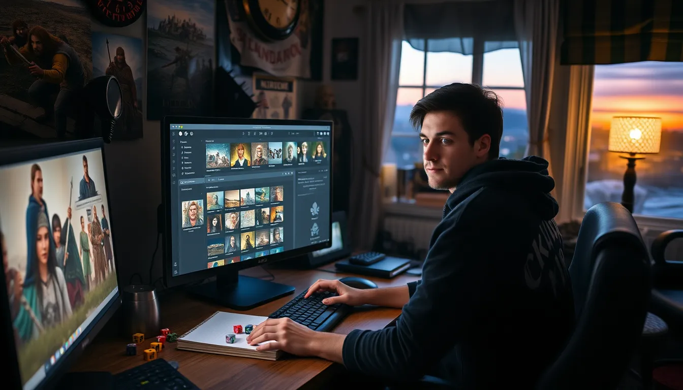 A young man customizing a character on CK2Generator in a gaming room.
