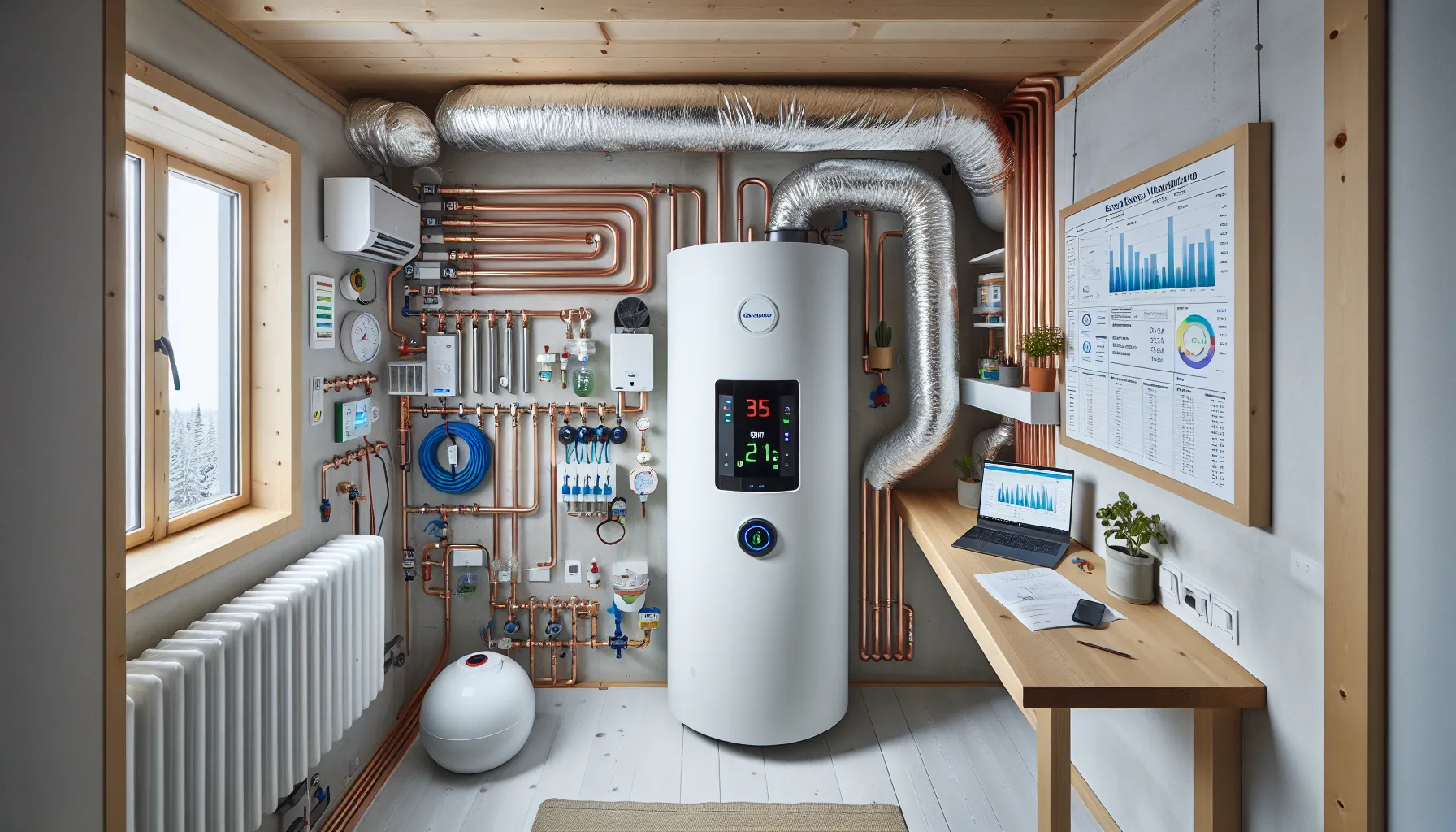 Engineer checks heat pump and hrv in a norwegian new-build utility room.