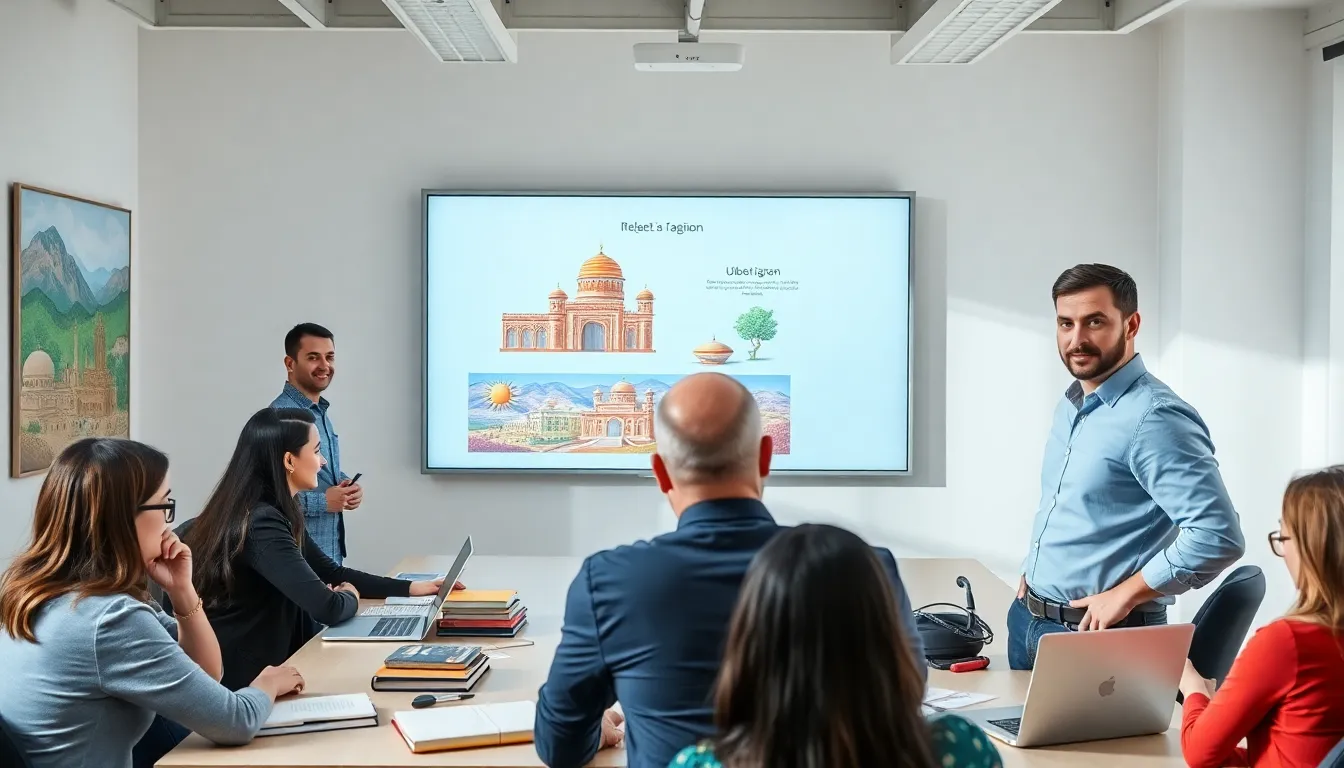 diverse group learning Uzbek in a modern classroom.