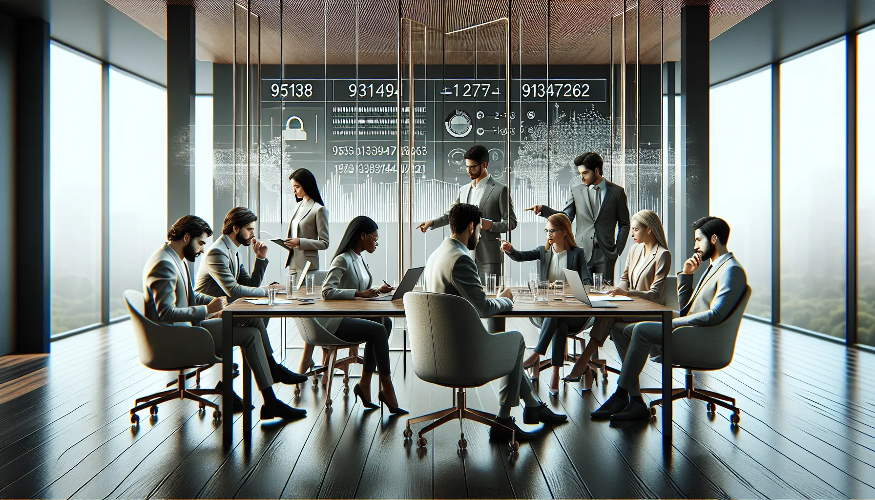 diverse professionals discussing telecommunications in a modern office.