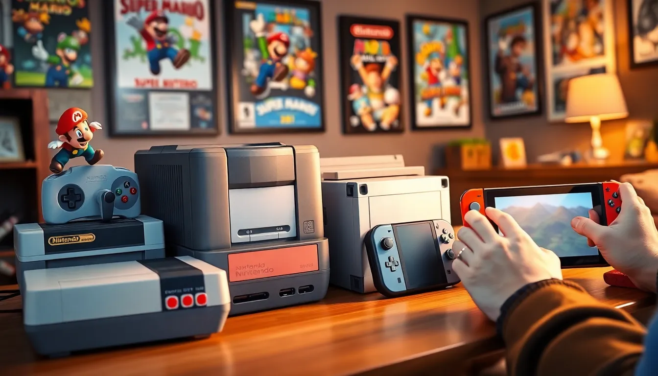 A display of Nintendo consoles showcasing their evolution over the years.