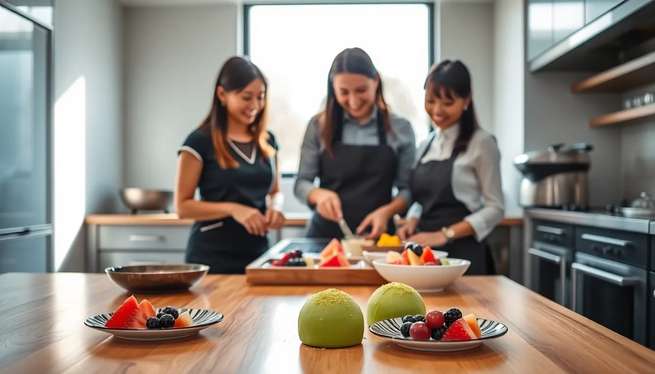 professionals preparing green mochi in a modern kitchen.