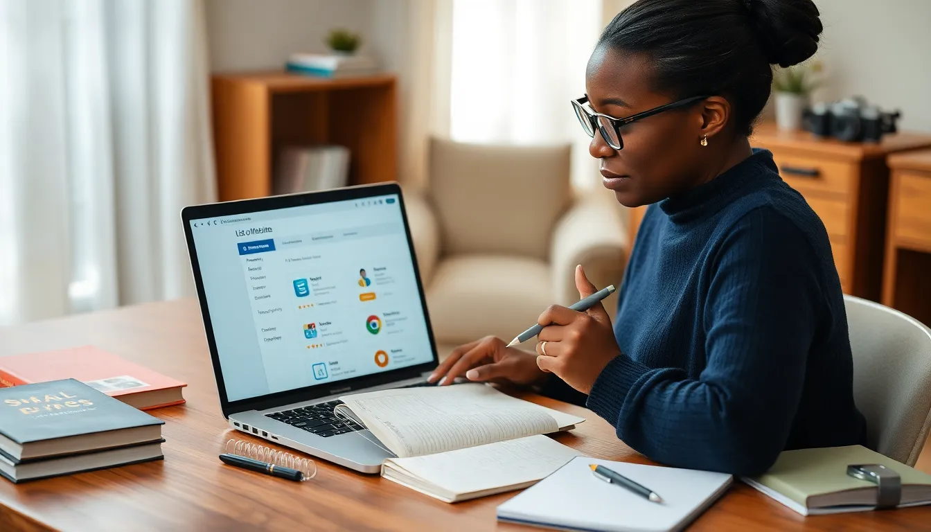 Freelancer at desk viewing a categorized &ldquo;list of websites&rdquo; on laptop with checklist.