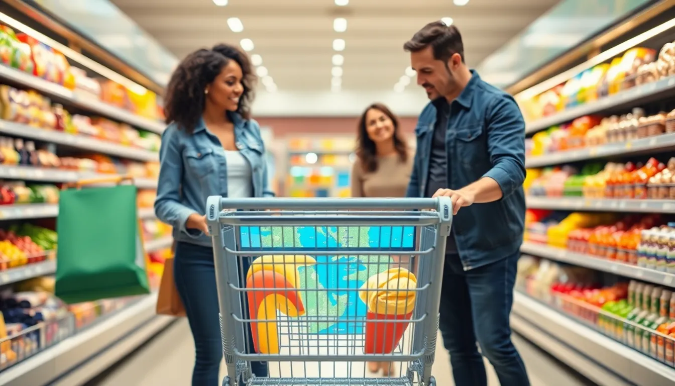 a high-tech smart shopping cart in a modern grocery store.