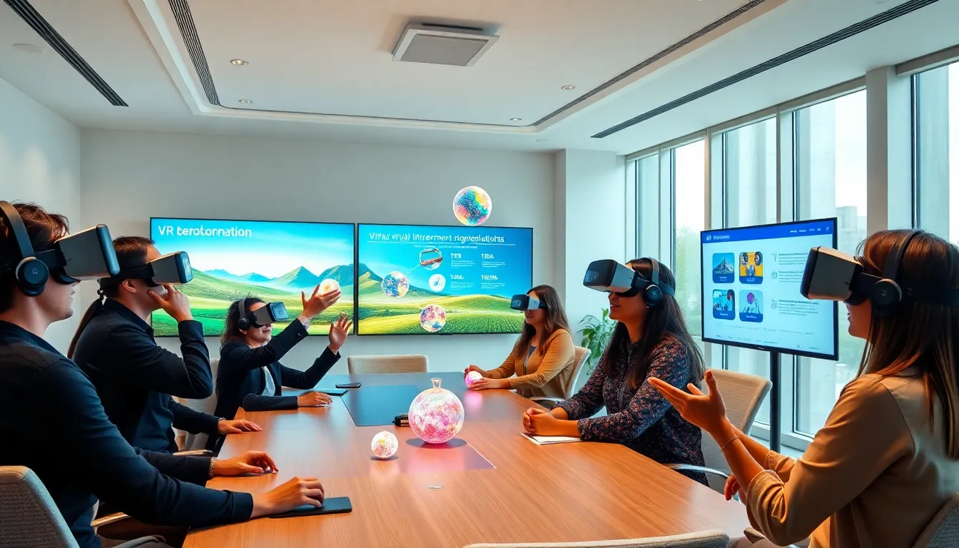 diverse team collaborating on virtual reality production in a modern office.