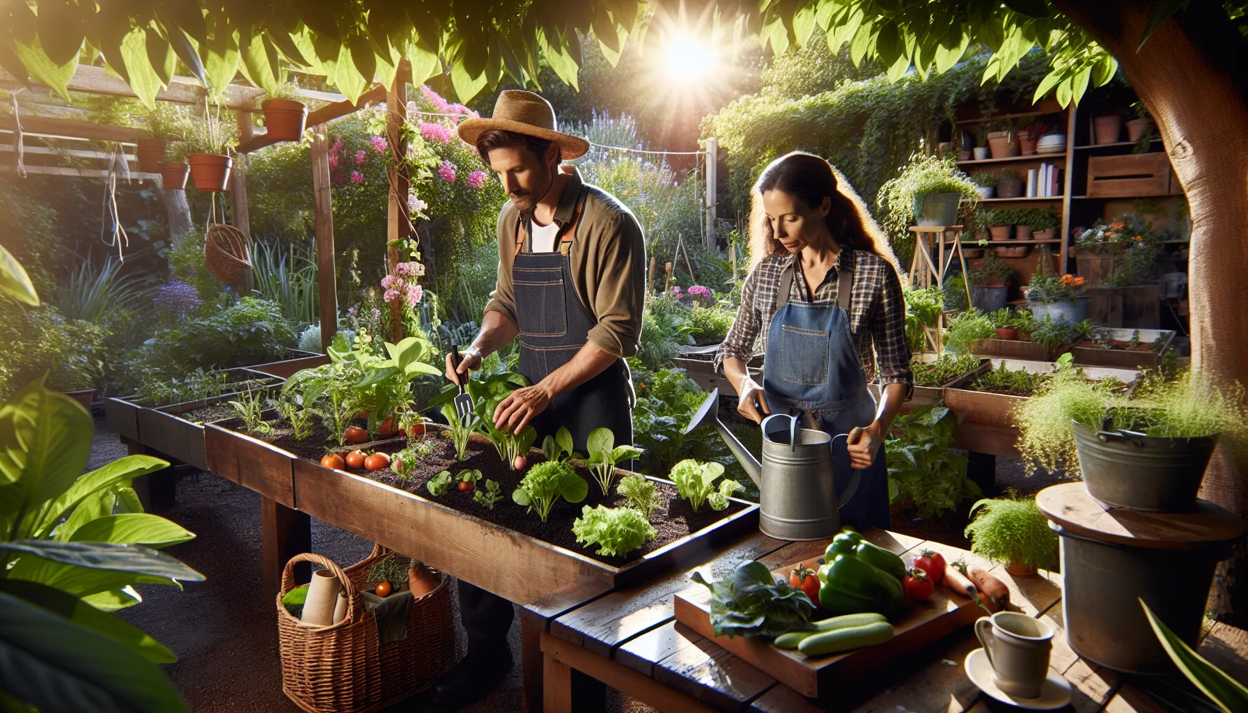 diverse team gardening in a vibrant outdoor space.