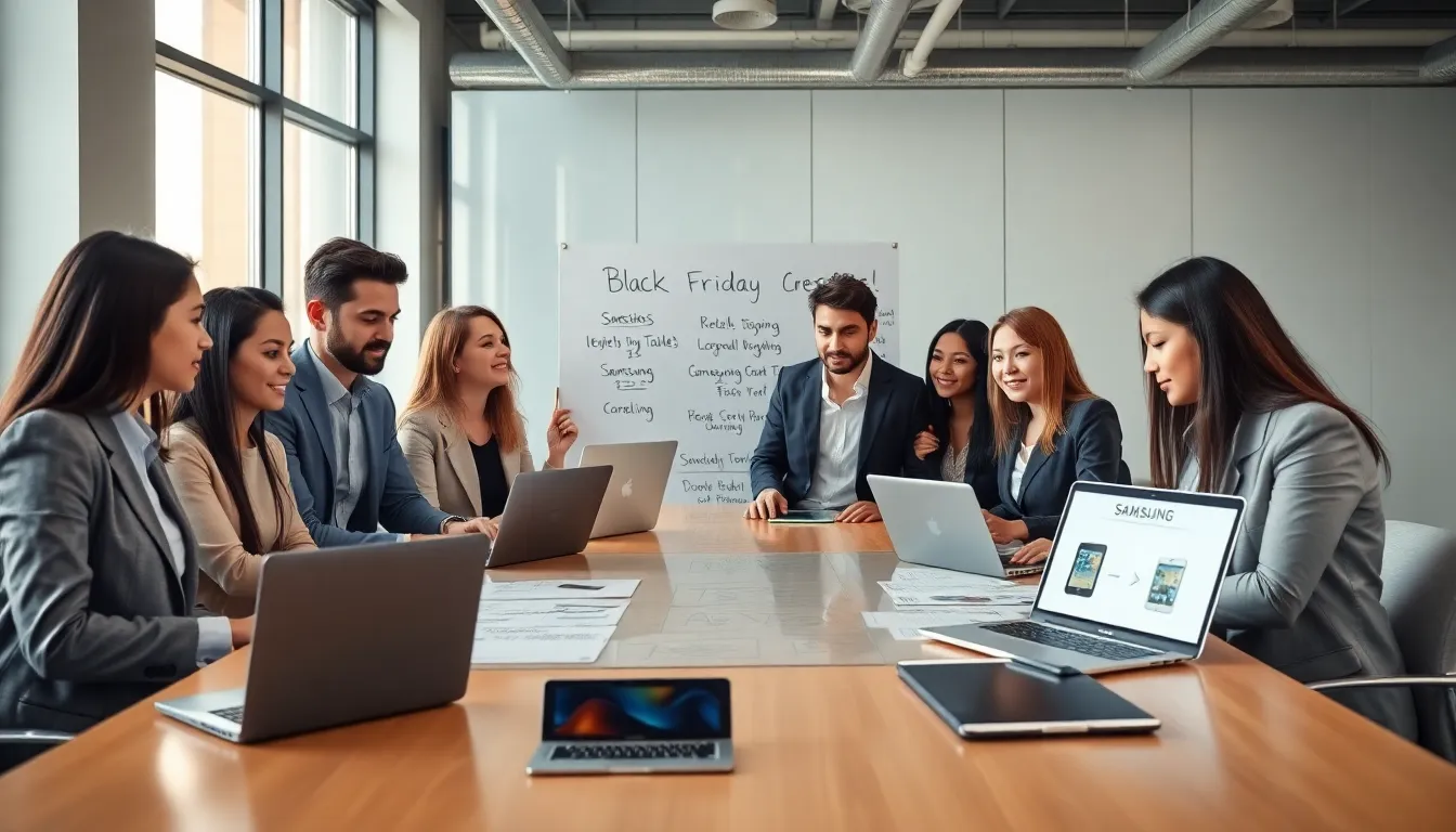 team strategizing Black Friday deals on Samsung tablets in a modern office.