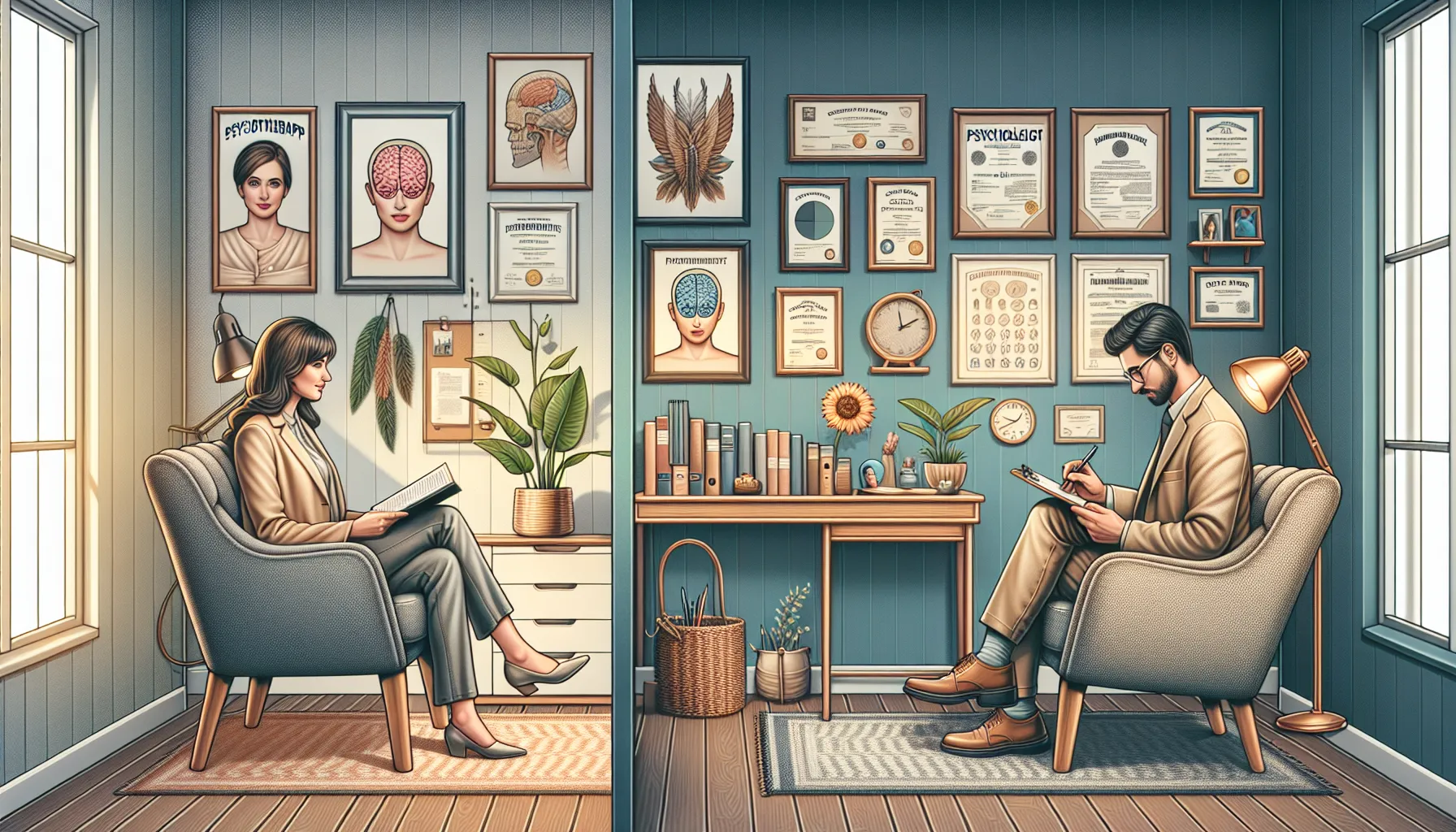 A therapist and psychologist in their respective professional settings.