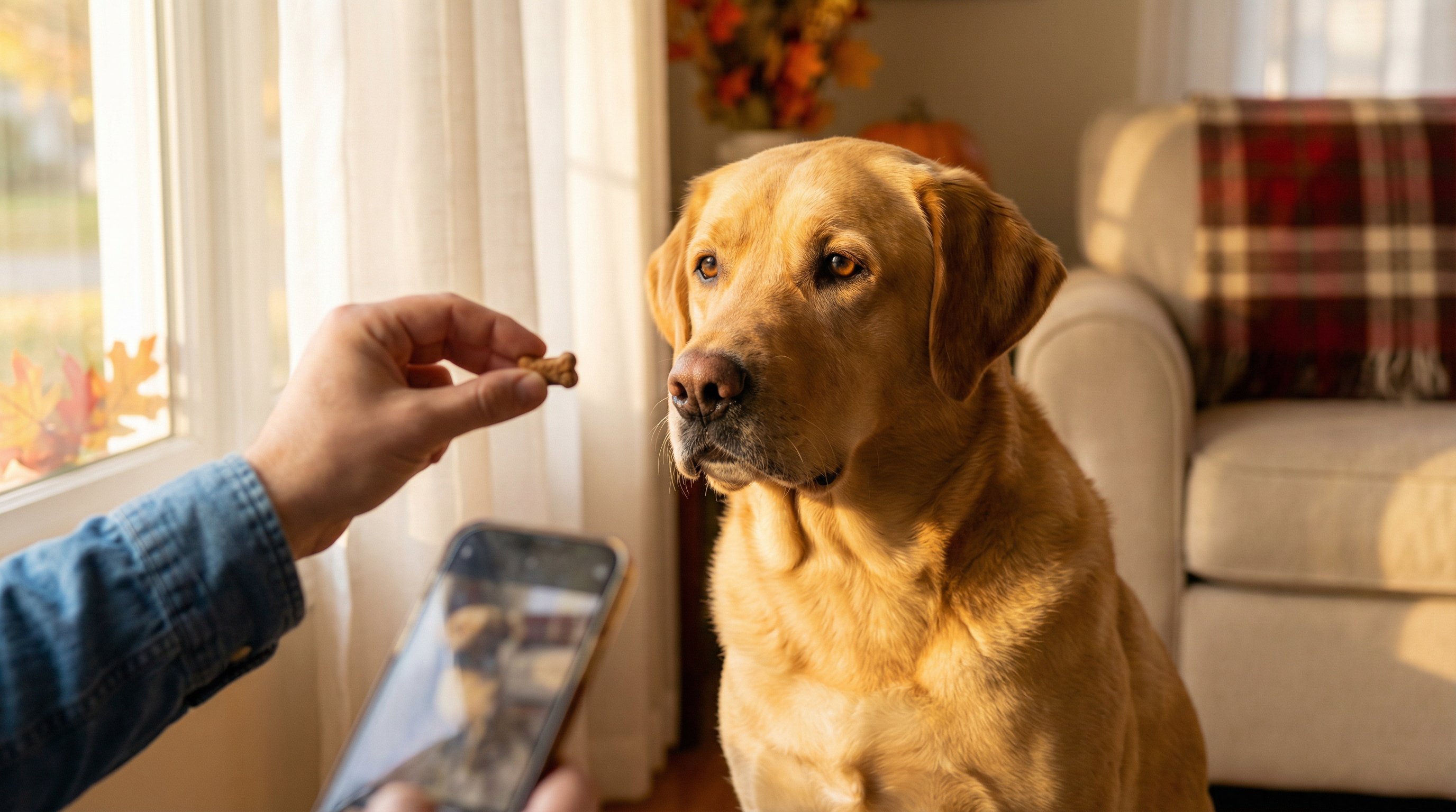 Golden Labrador sitting by a sunlit window, gazing directly at the camera.