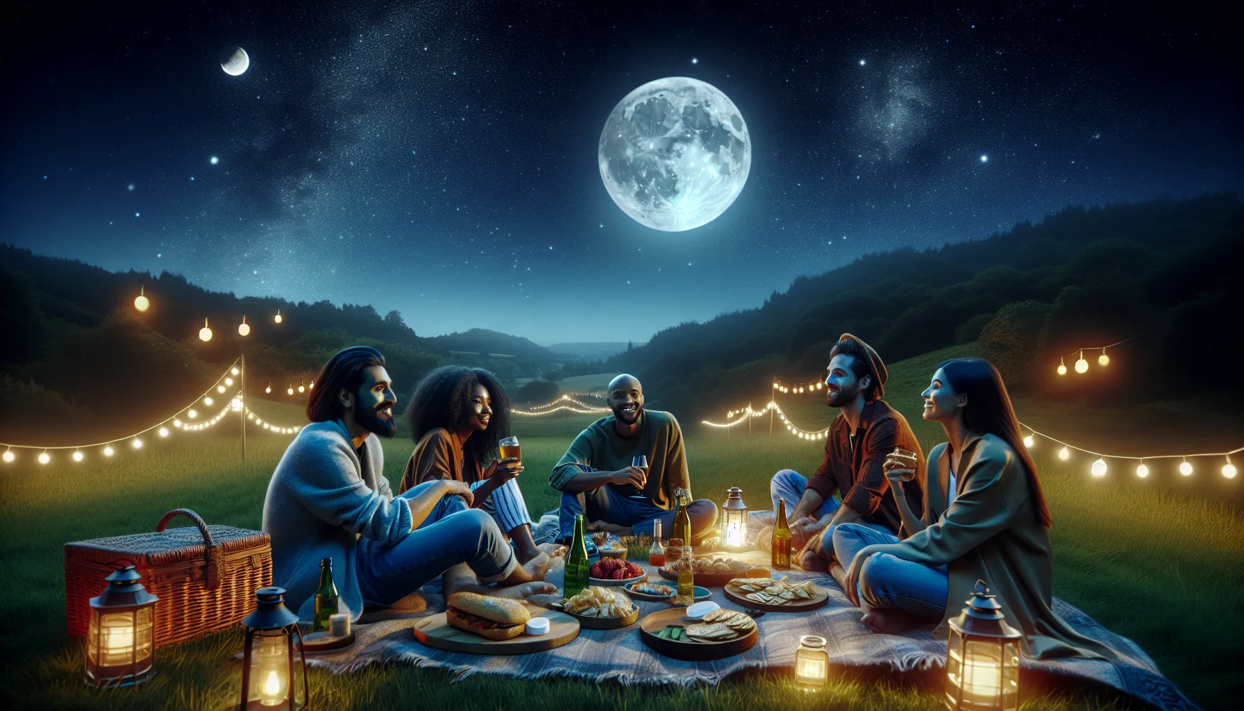 friends enjoying a moon-watching party under a clear night sky.