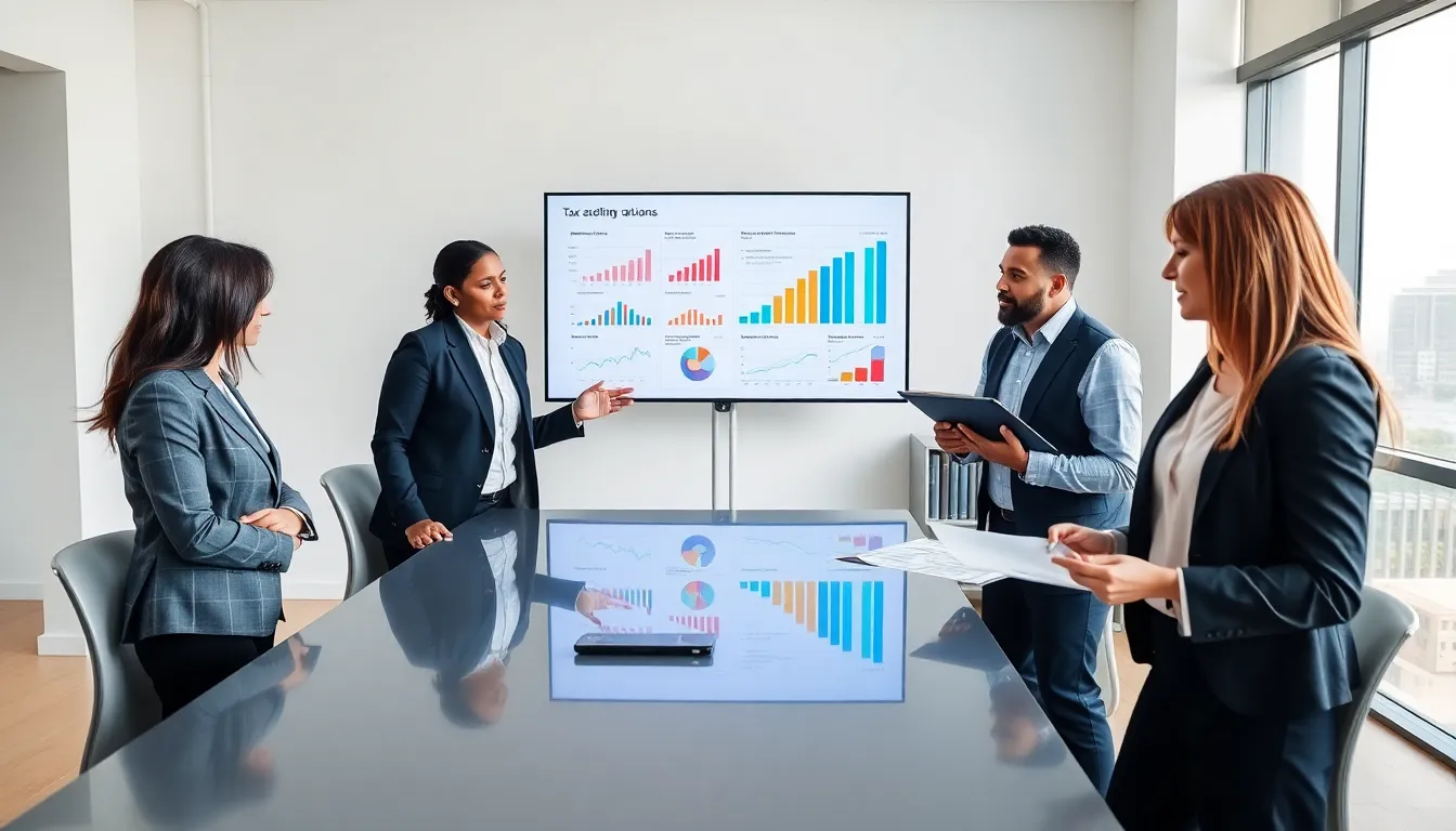 diverse finance professionals discussing tax obligations in a modern office.