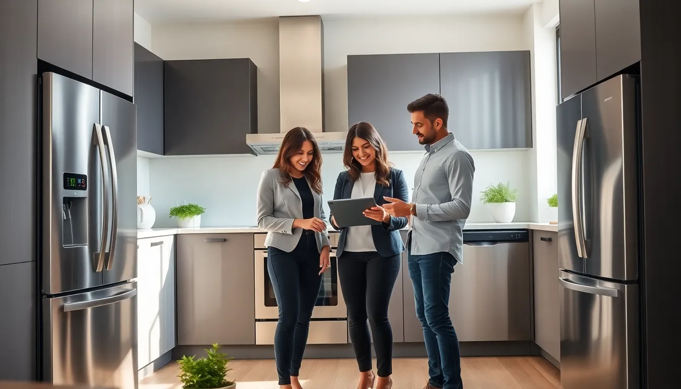 professionals discussing Ferguson home appliances in a modern kitchen.