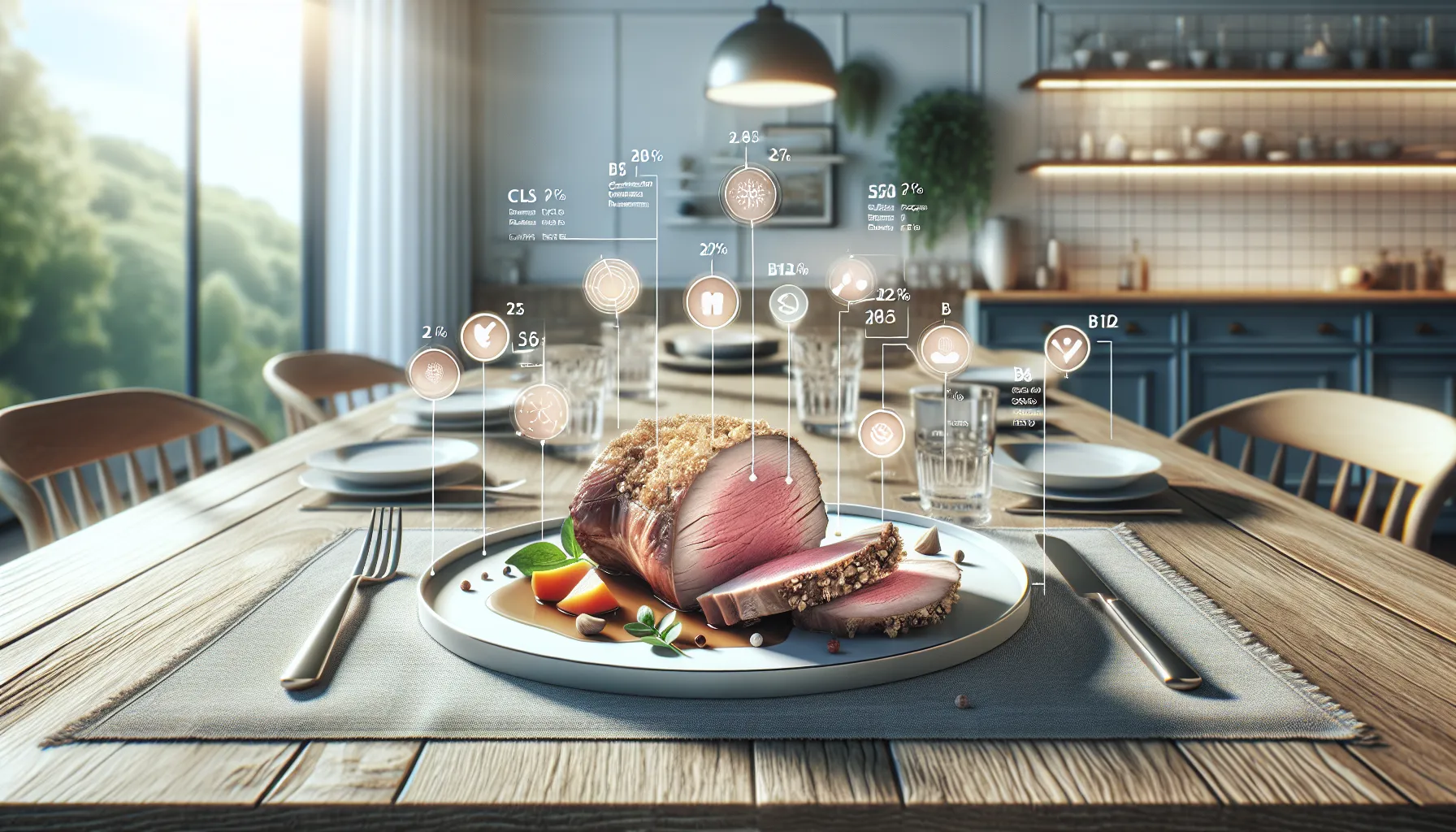 A plated serving of roast lamb with nutrition info icons.