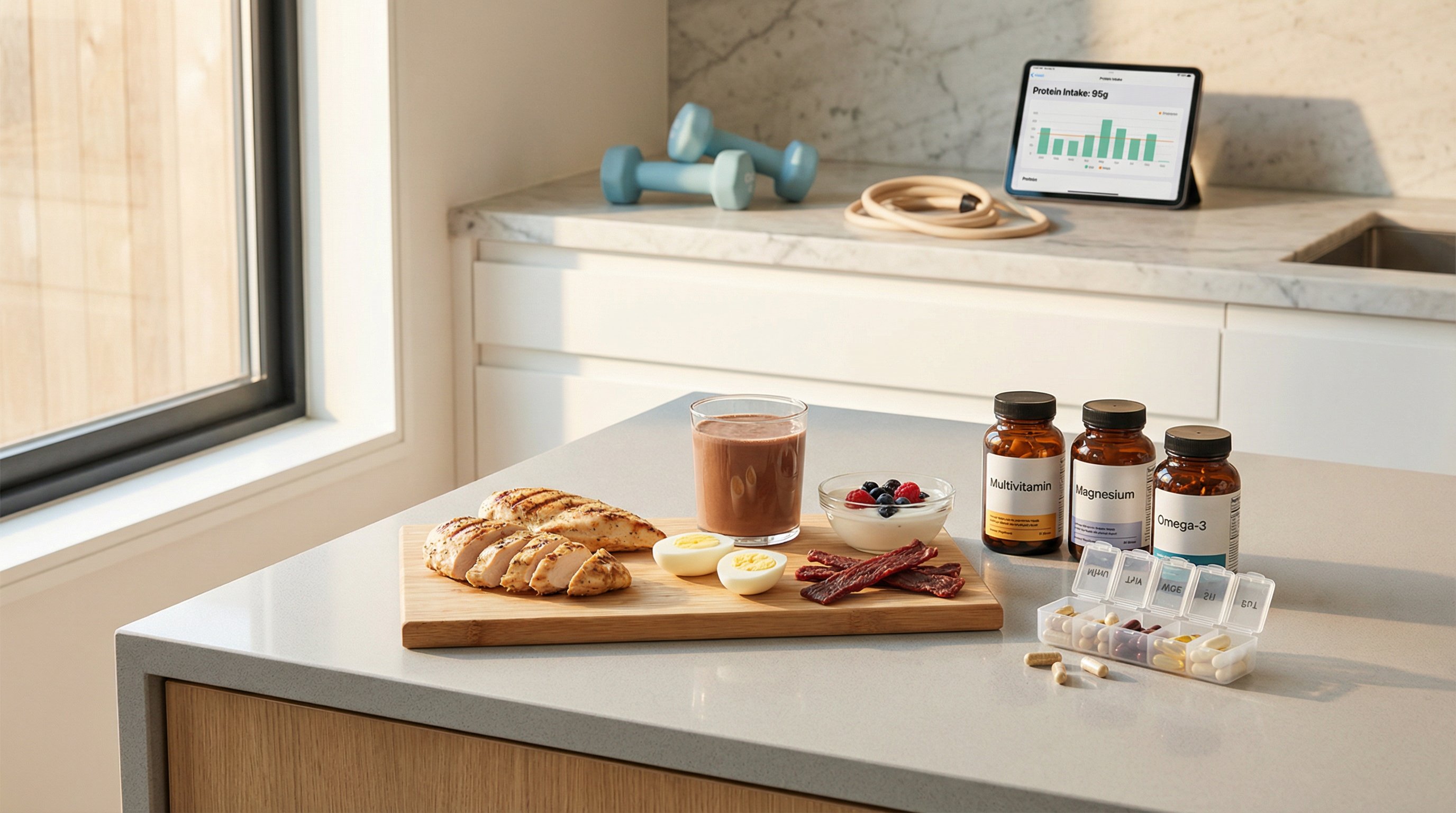 High-protein foods, supplements, and dumbbells on a modern kitchen counter.