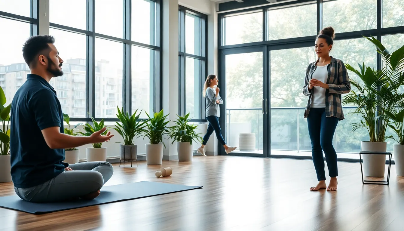 diverse professionals practicing mindfulness techniques in a modern office.