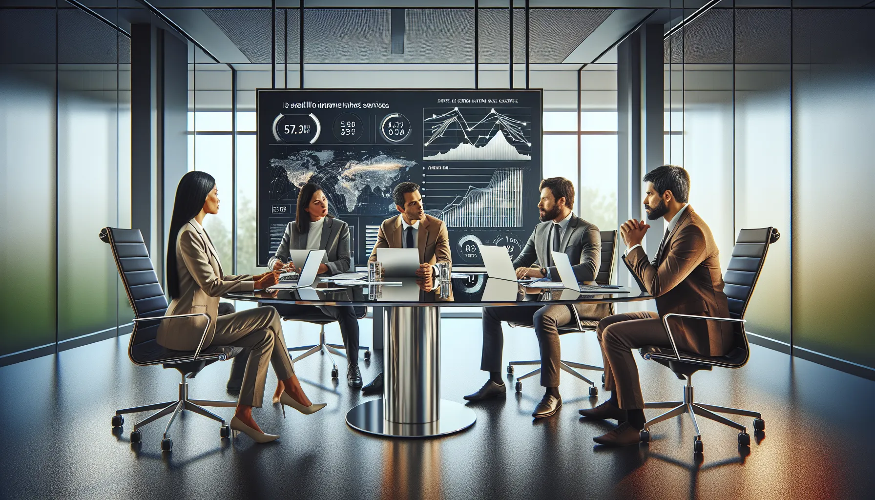 diverse team discussing satellite internet comparisons in a modern office.