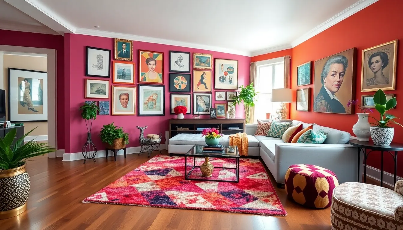 maximalist interior with vibrant patterns and eclectic decor.