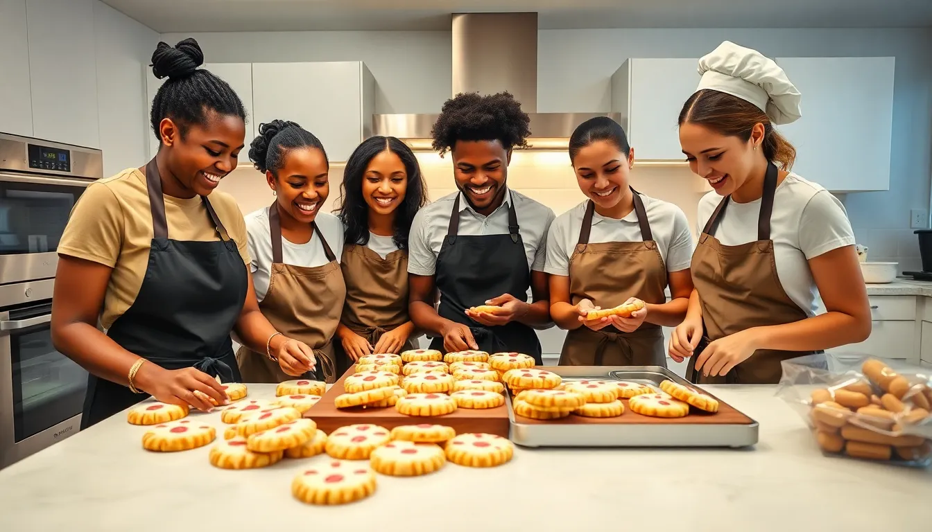 diverse bakers collaborating in a modern kitchen with cookies.