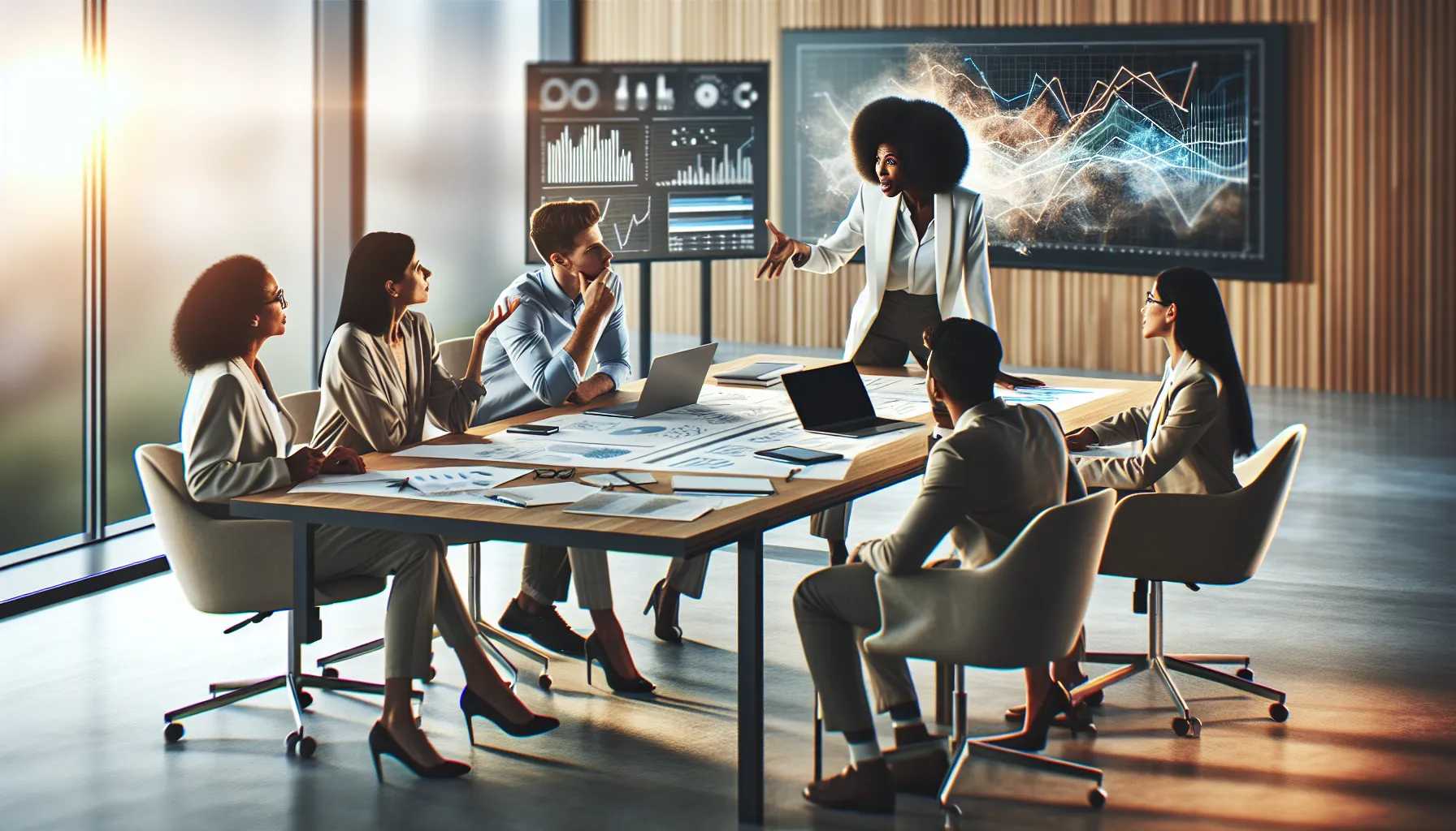 diverse team discussing complex ideas in a modern office.