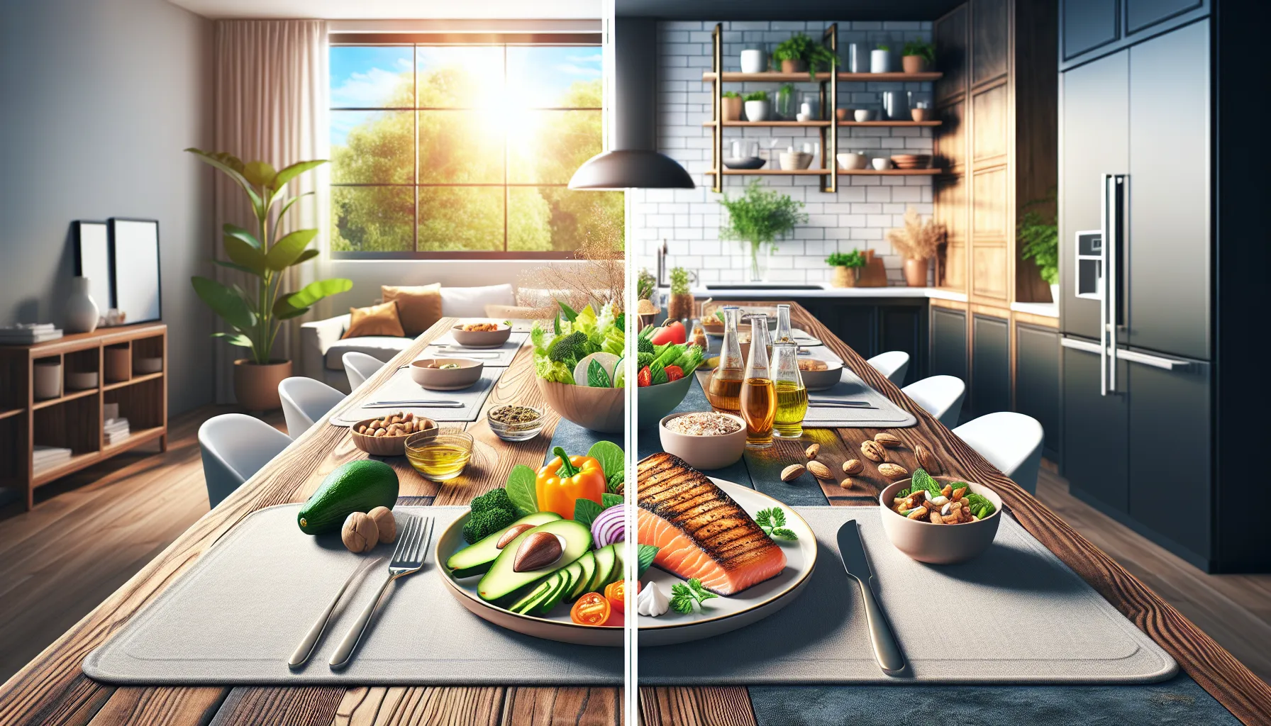 Two dining setups contrasting Keto and Atkins diet foods in a modern kitchen.