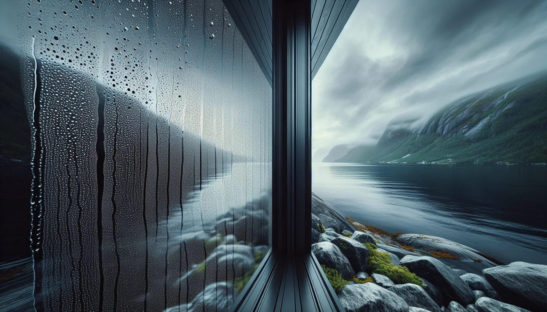 Close-up of self-cleaning glass sheeting water beside beading on a norwegian window.