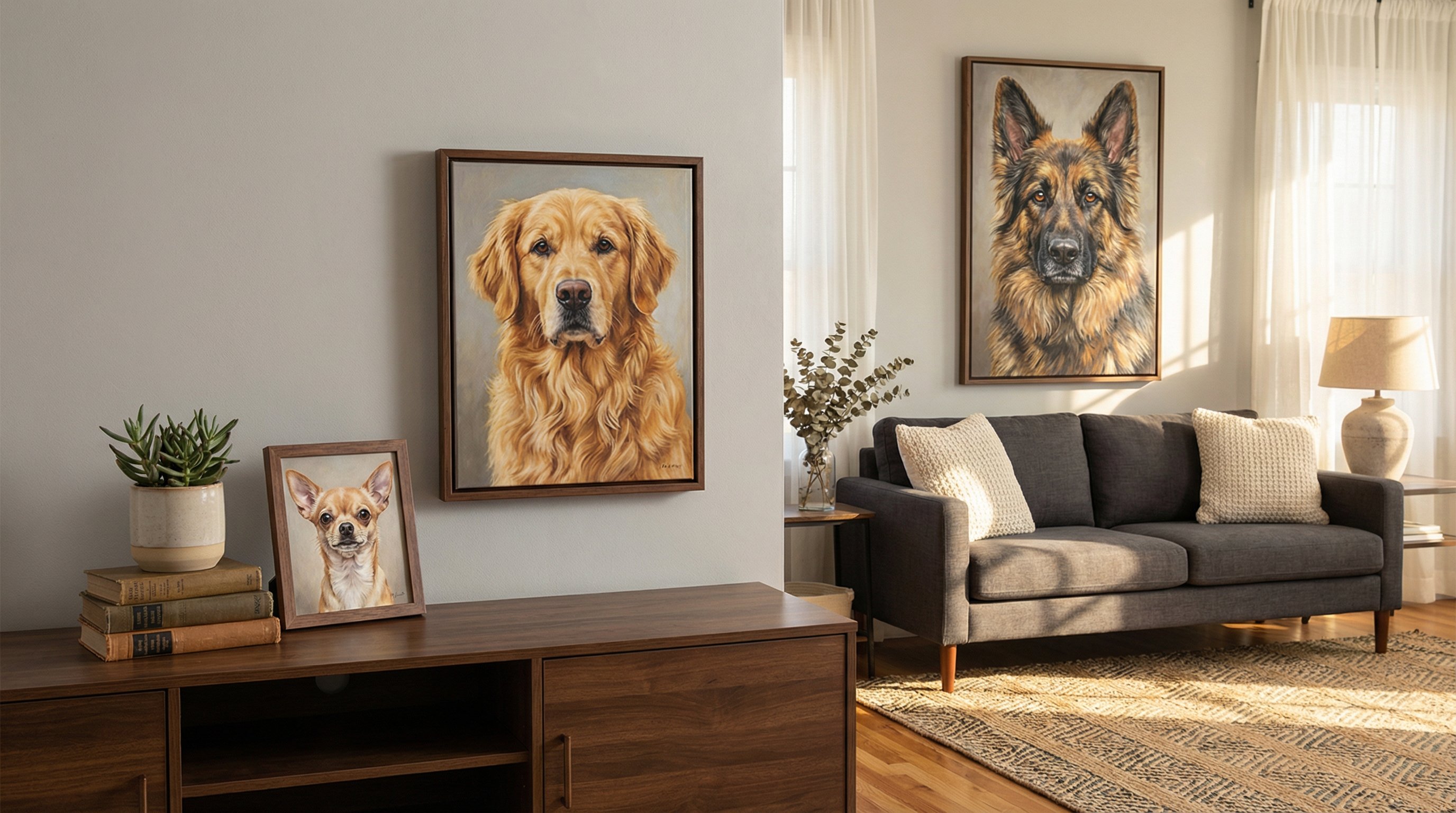 Three different-sized pet portrait canvases displayed in a cozy living room.