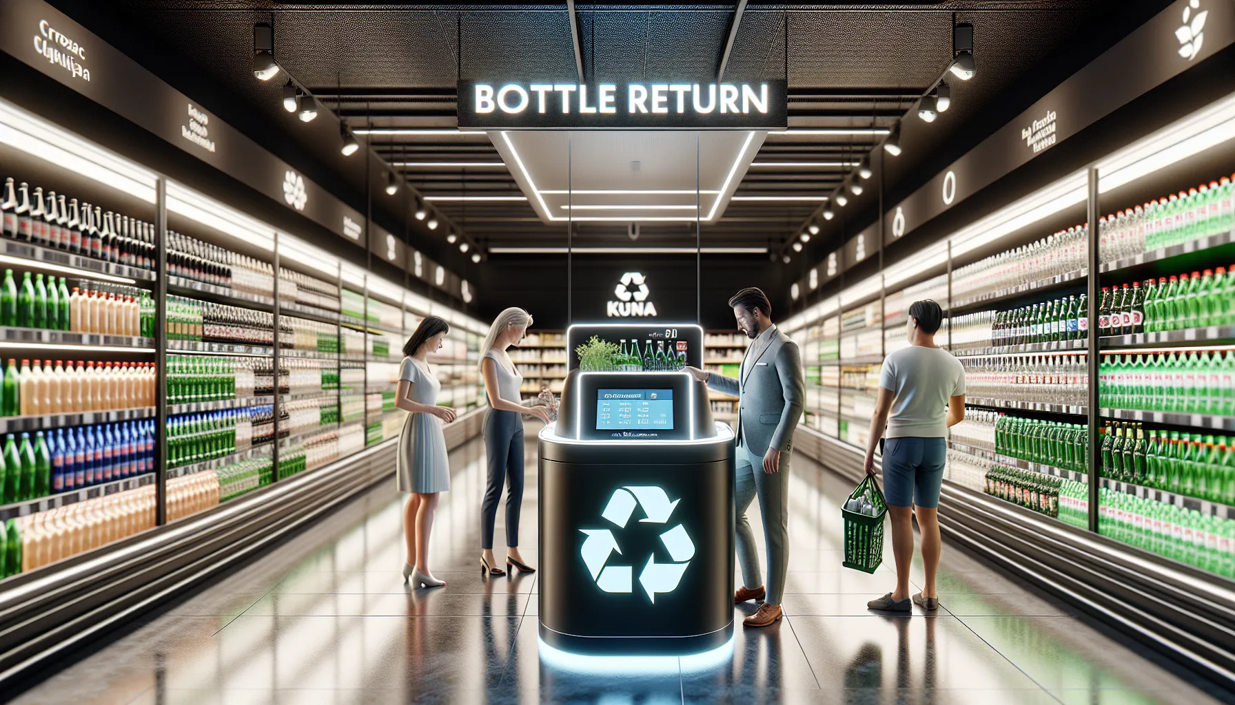 Croatian shoppers using bottle return machine in modern grocery store