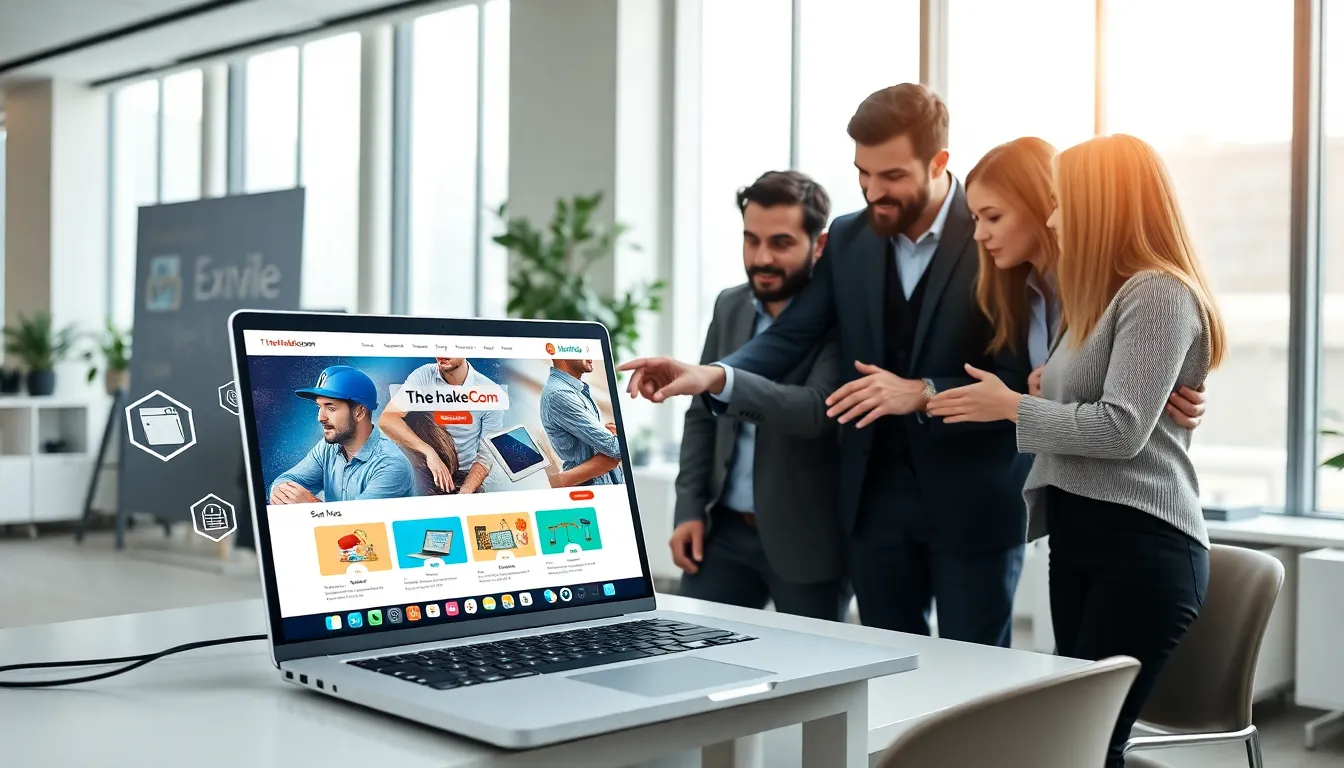 A team collaborating around a laptop in a modern office.