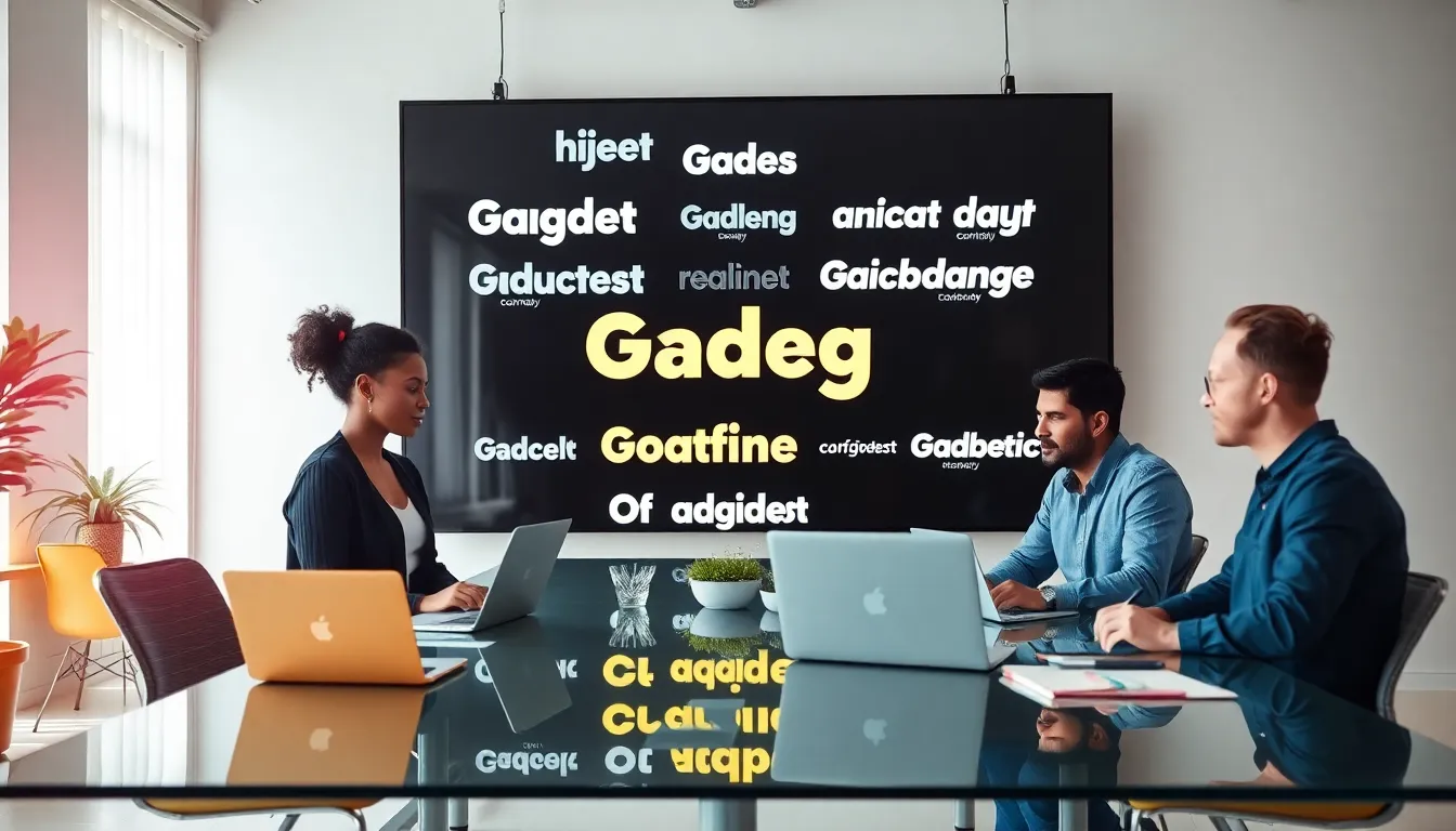A team discusses the design of Gadget Font in a modern office.