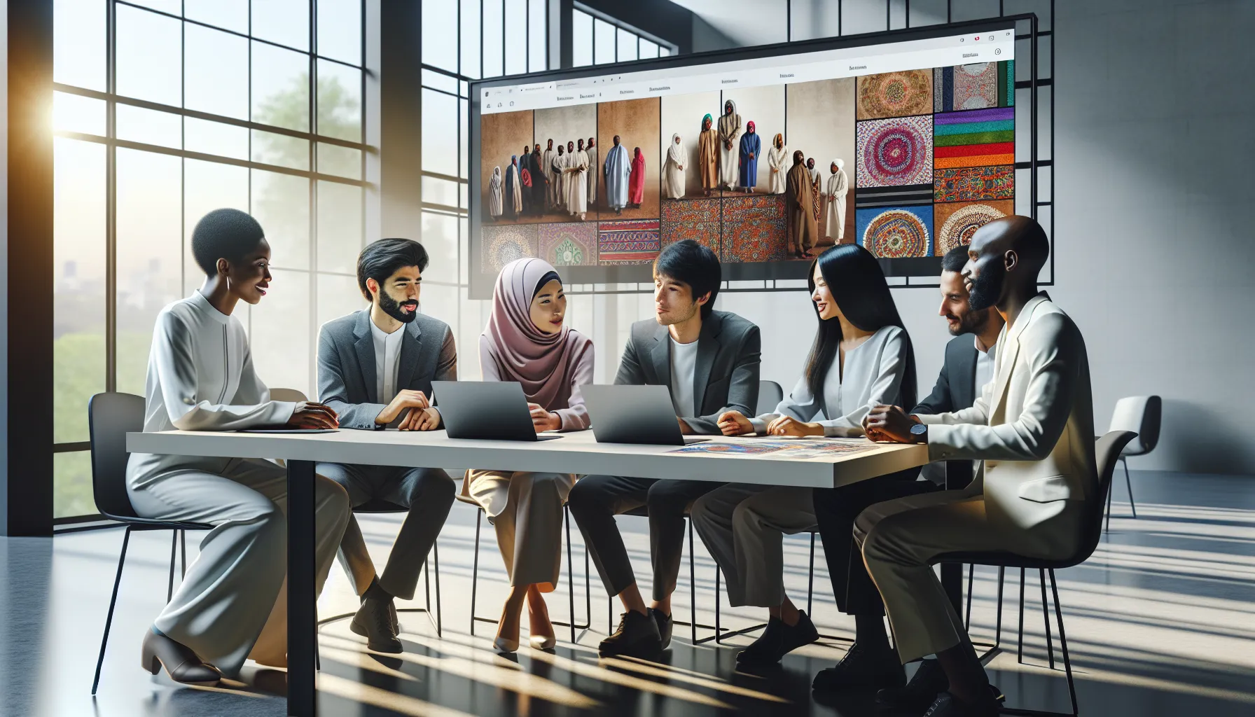 diverse team discussing 9jhausa platform in a modern office.