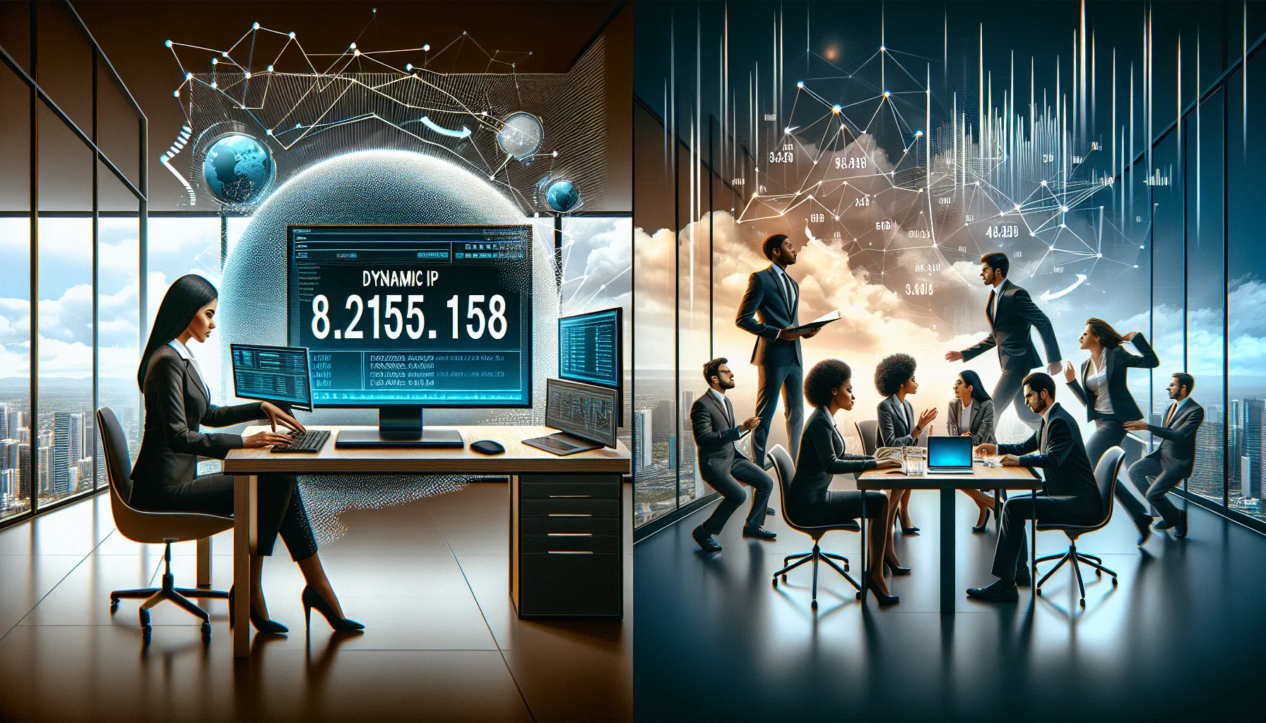 Illustration of static and dynamic IP addresses in a modern office setting.