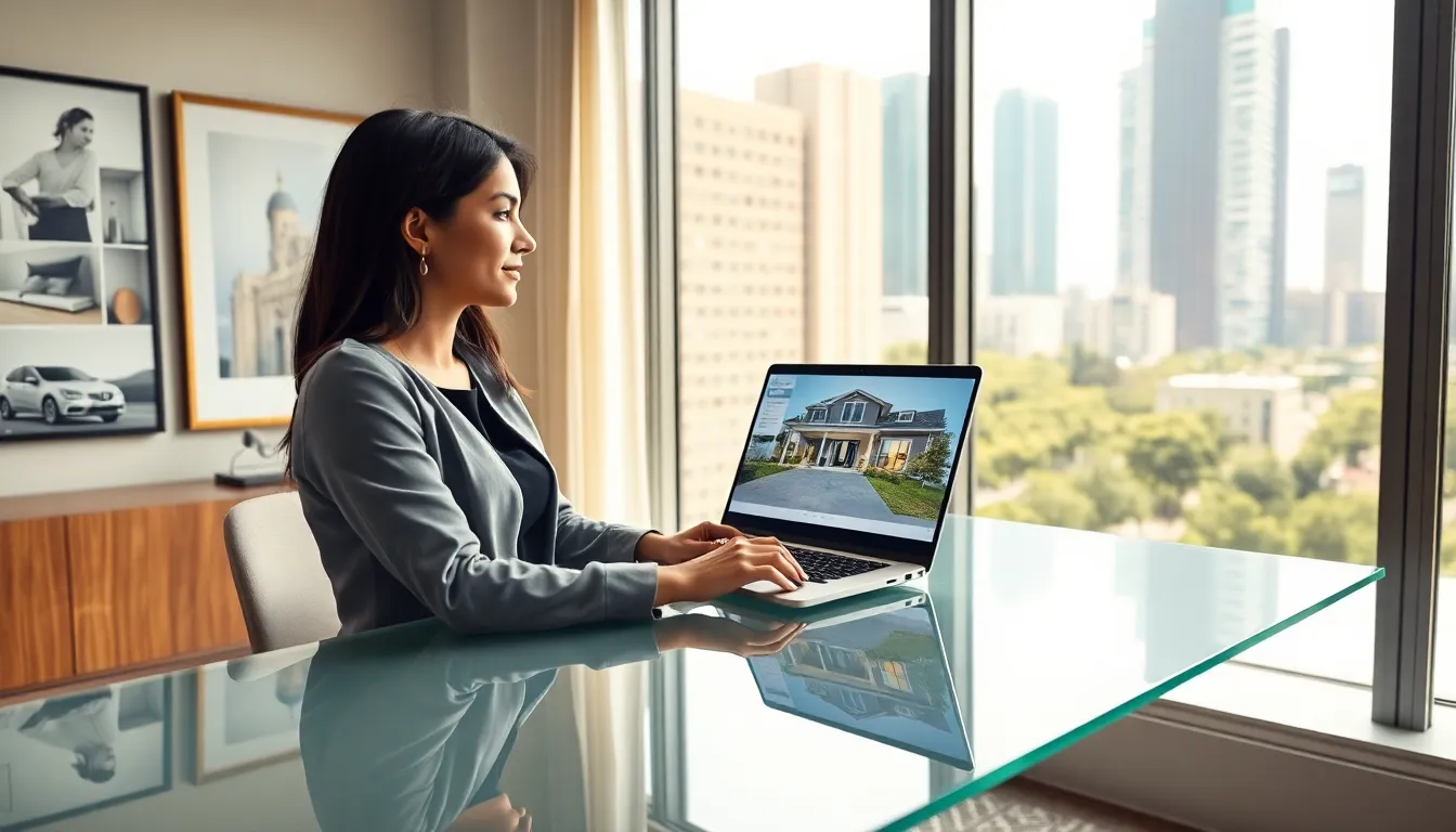 A young real estate agent on a video call in a modern office.